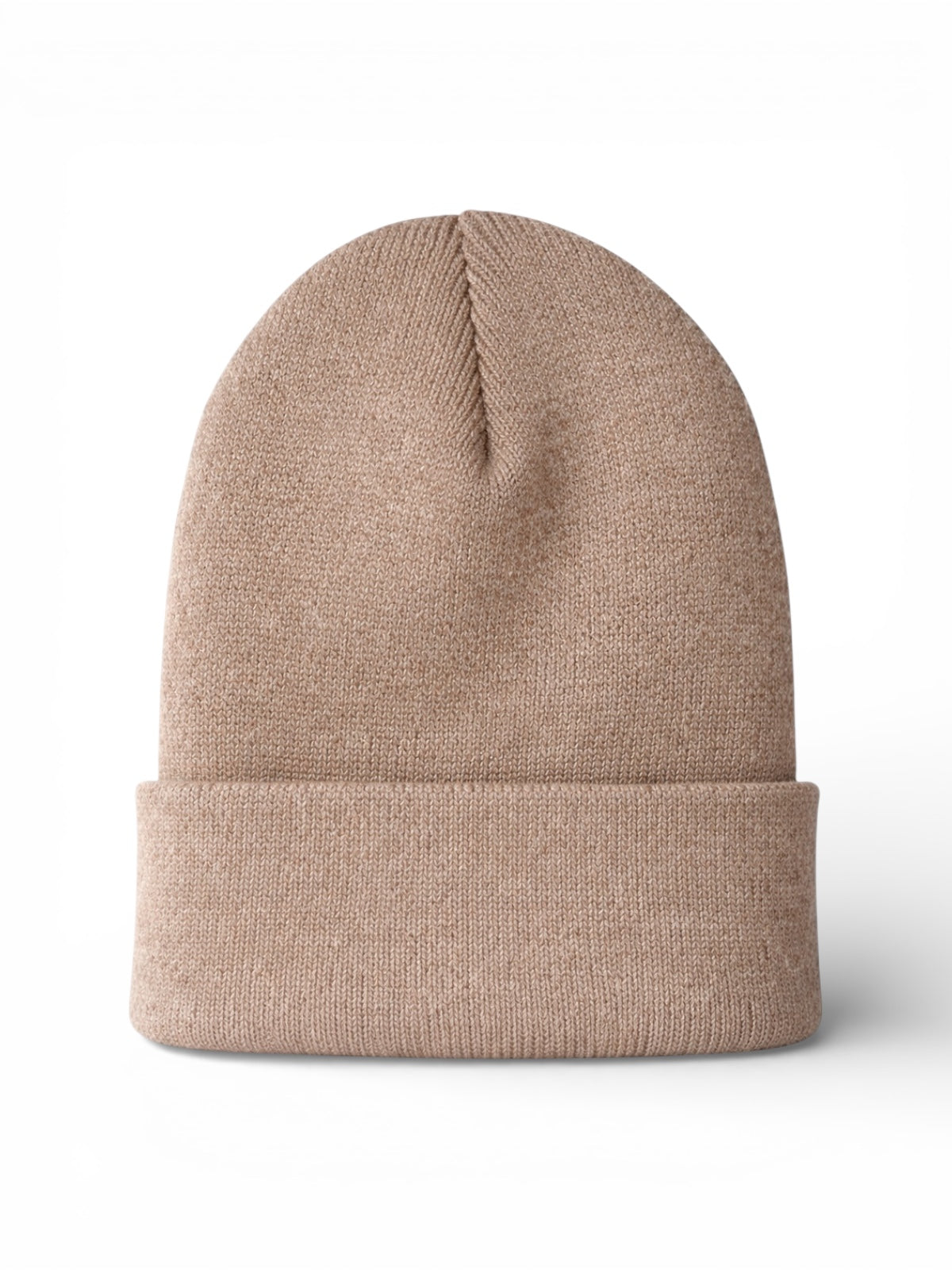 Tan knit beanie hat with a folded brim, perfect for winter wear or casual style.