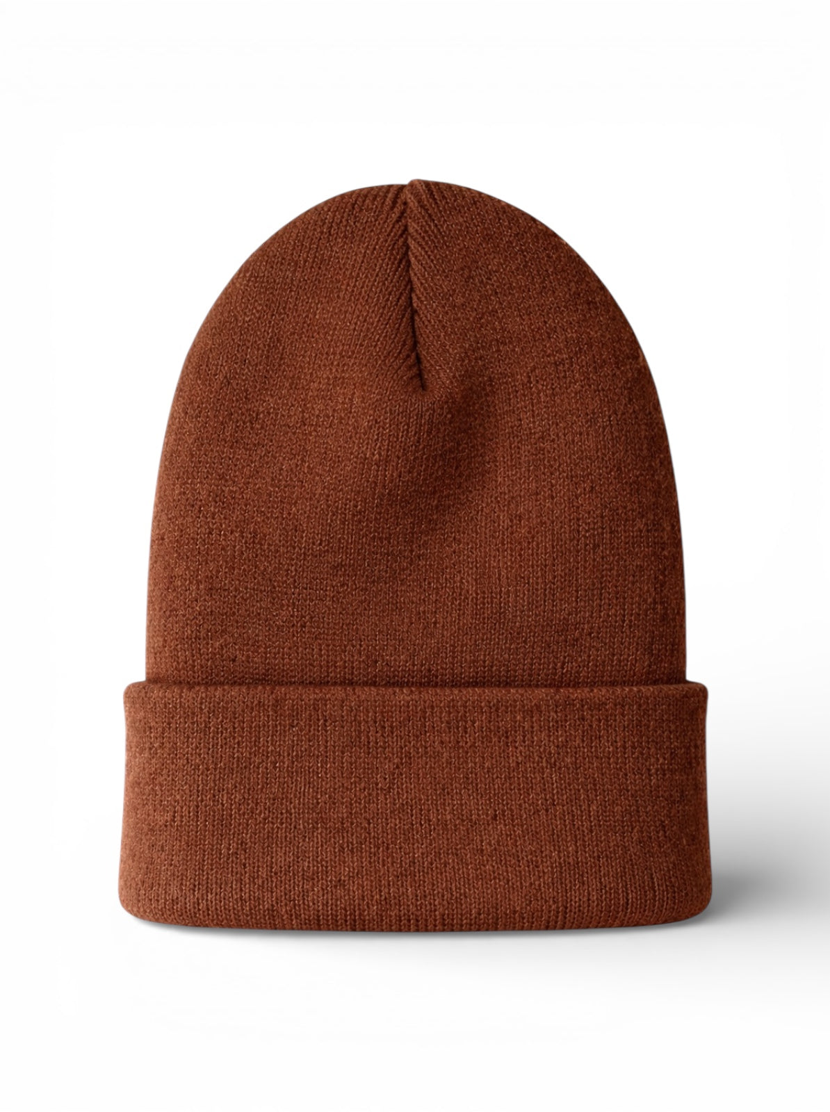 Brown knitted beanie hat with a folded cuff, displayed on a white background.