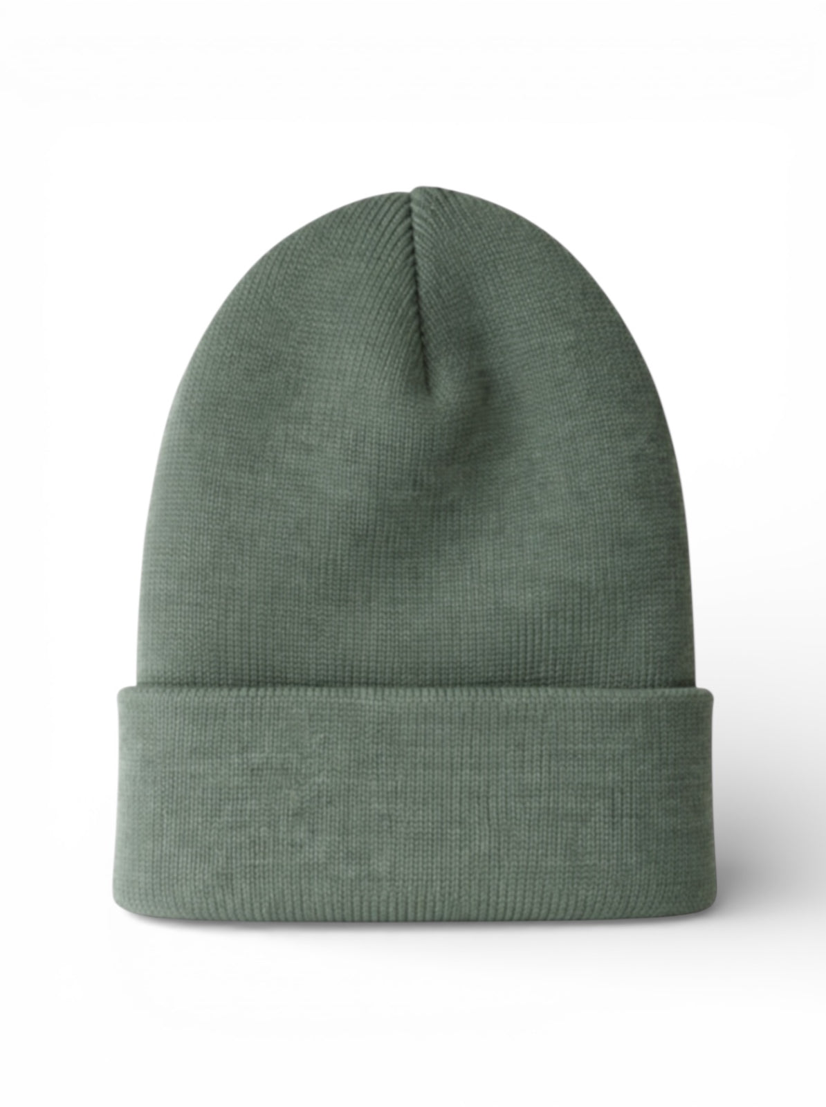 Green knitted beanie hat with a folded cuff, displayed front view on a white background.