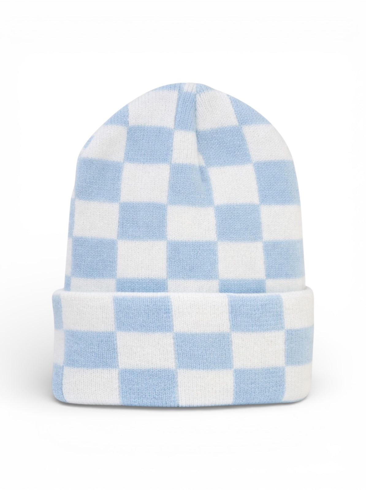 Blue and white checkered beanie hat with a folded cuff.