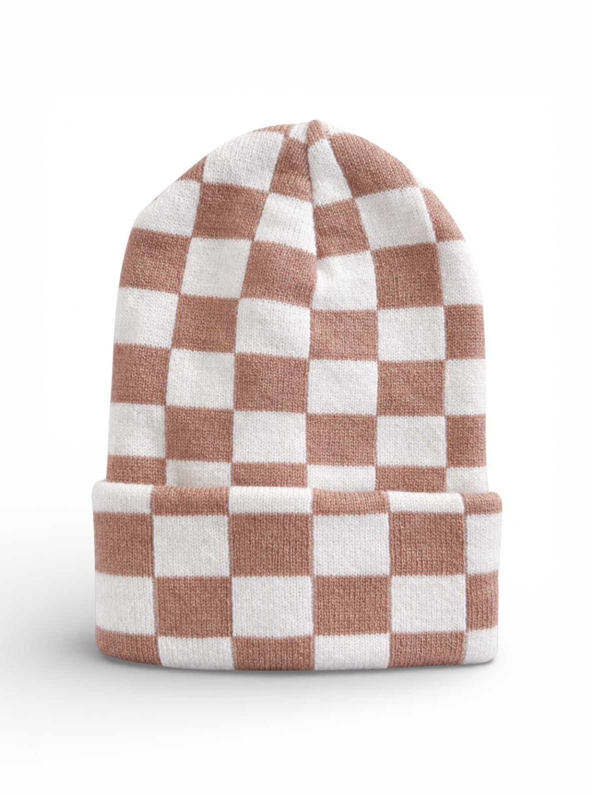 Brown and white checkered knit beanie displayed on a white background.
