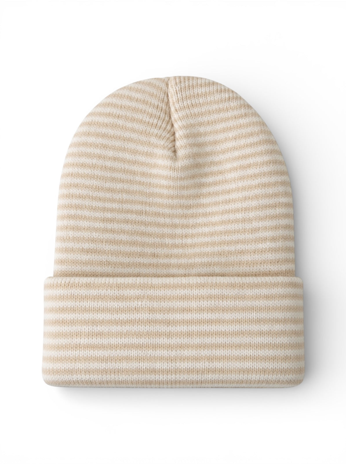 Striped beige knit beanie hat displayed flat on a white background.