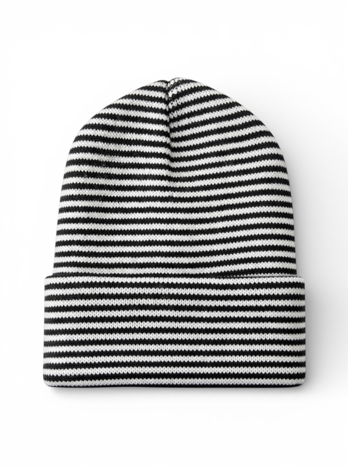 Black and white striped knit beanie laid flat on a white background.