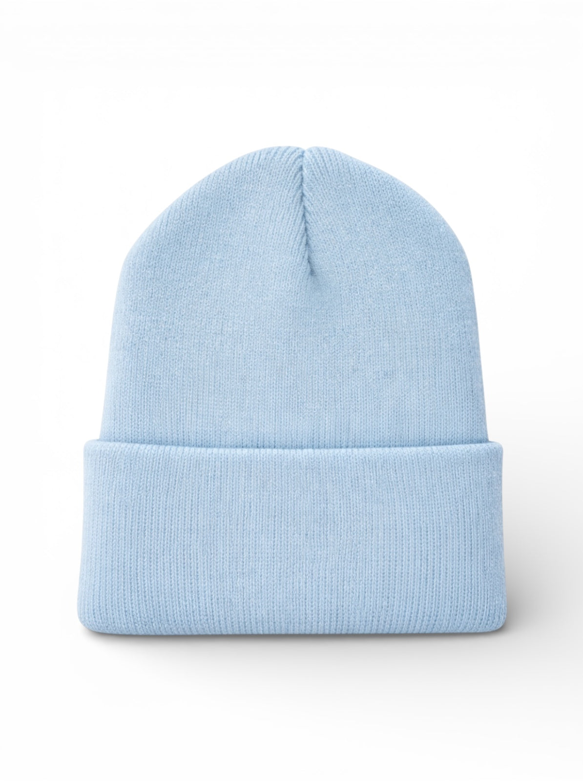 Light blue knit beanie hat, folded at the bottom, displayed on a white background.
