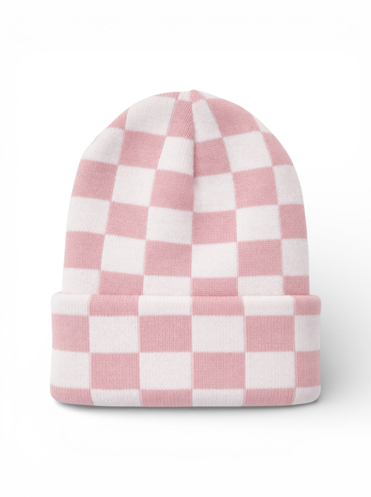 Pink and white checkered beanie hat, folded at the brim, displayed on a white background.