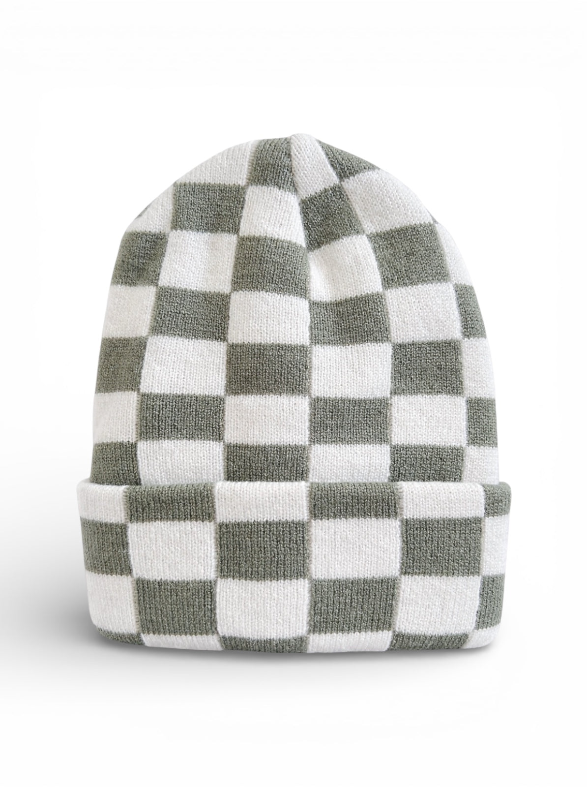 Green and white checkered knit beanie hat, featuring a folded cuff design.