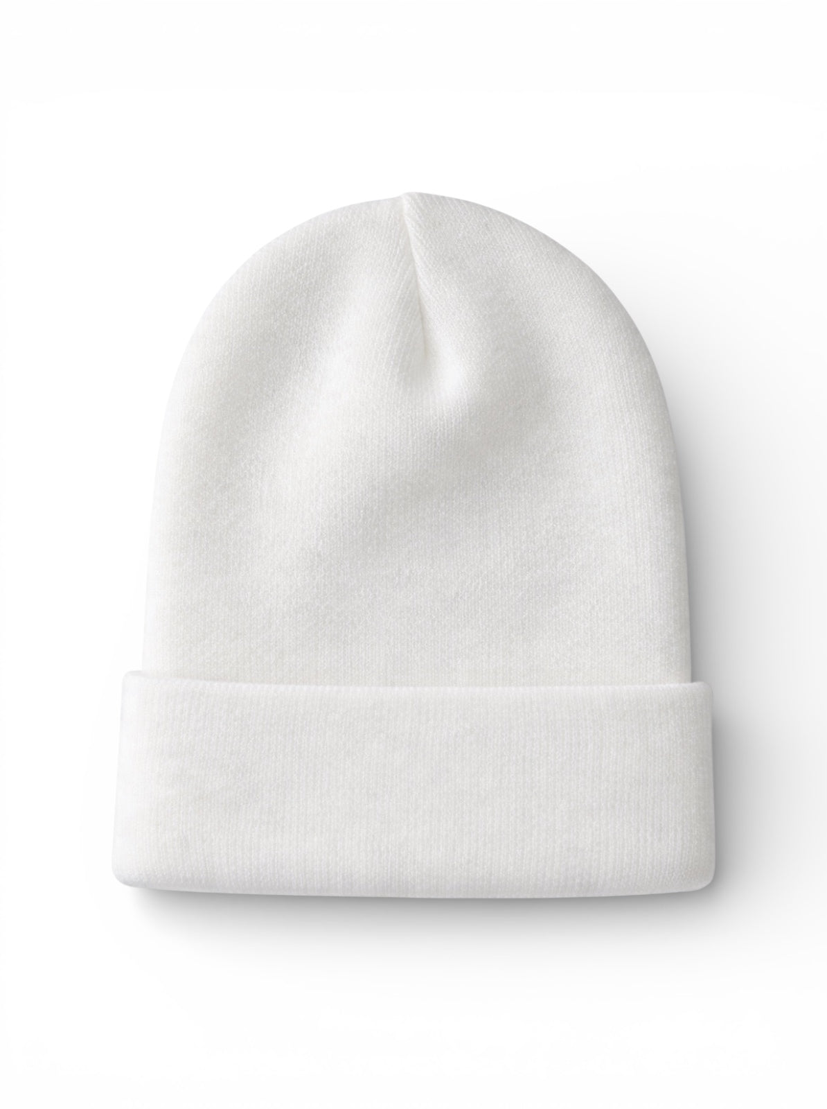 White knit beanie hat with a folded cuff, displayed on a plain background.
