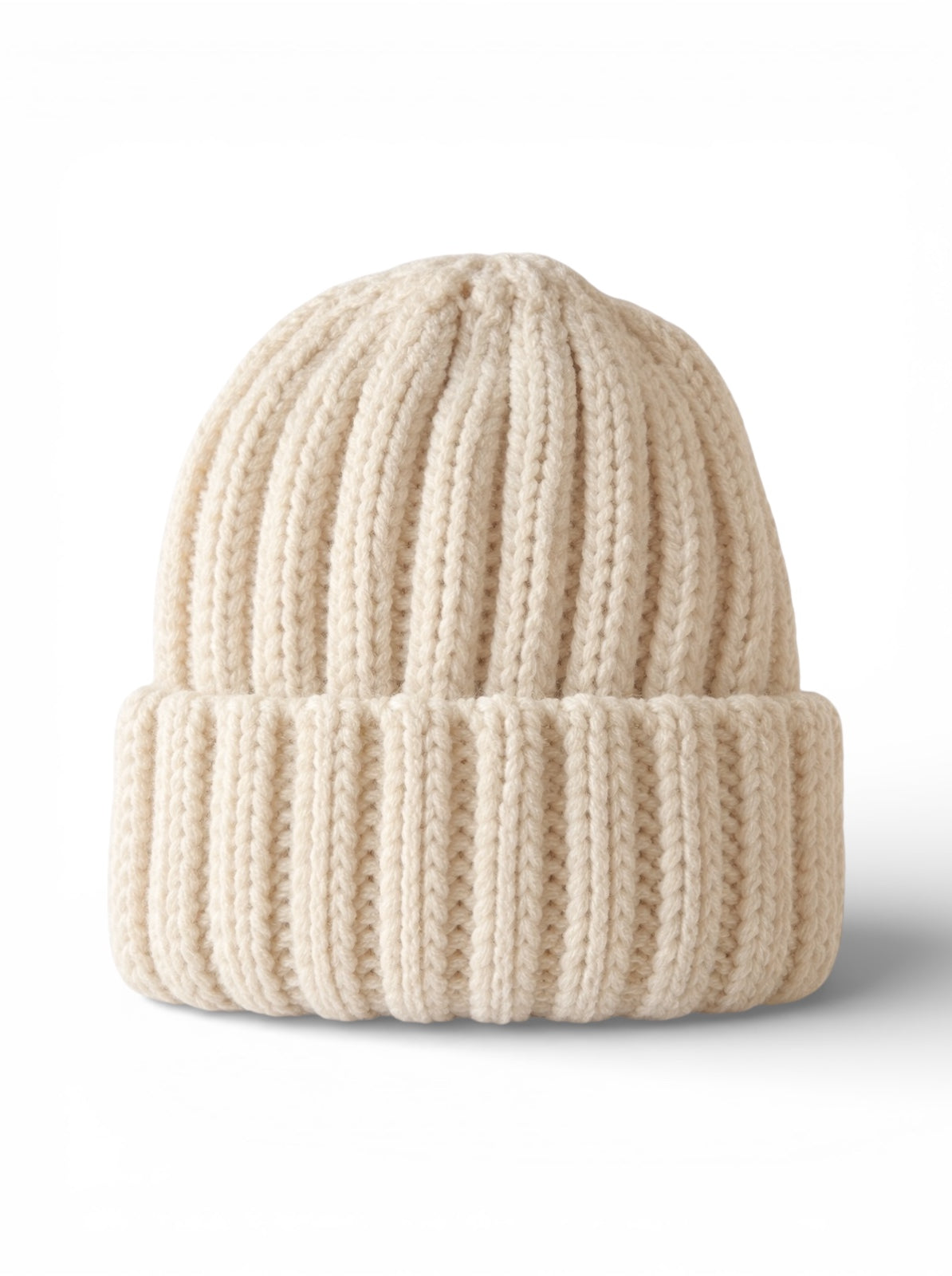 Cream-colored knitted beanie hat with a ribbed design, displayed against a white background.