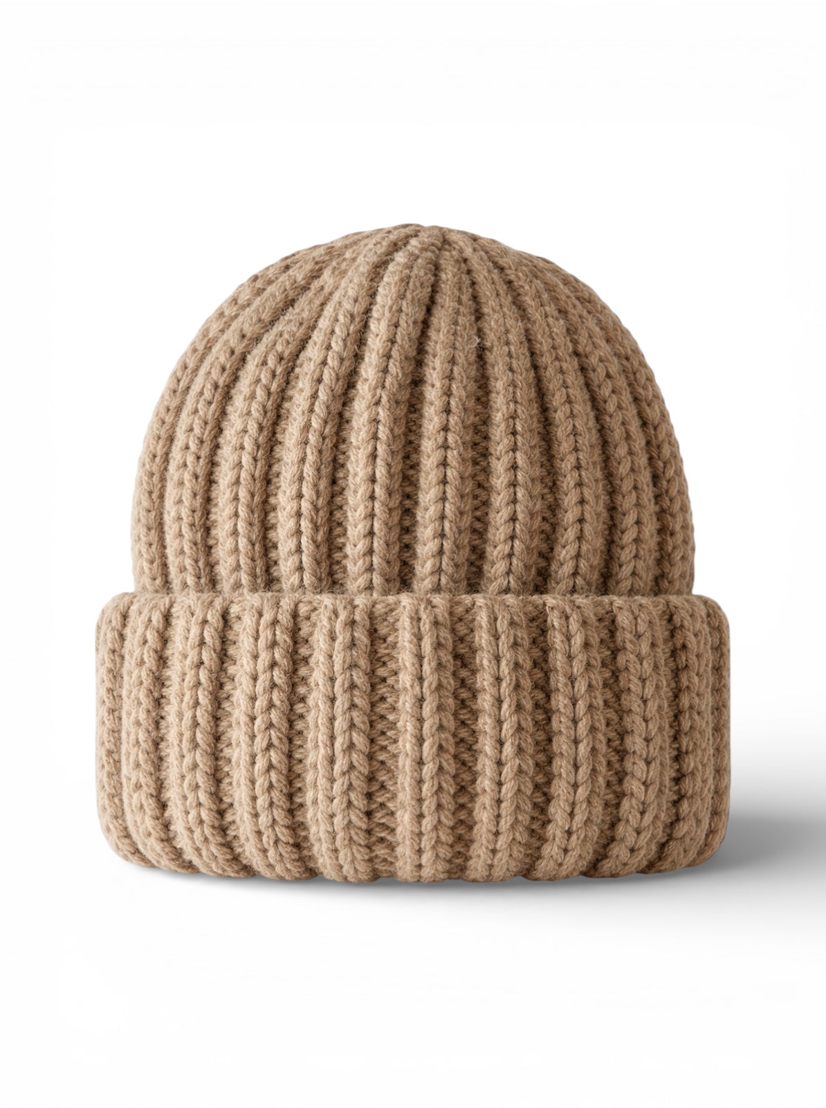 Knitted tan beanie hat with a ribbed texture and folded cuff, displayed on a white background.
