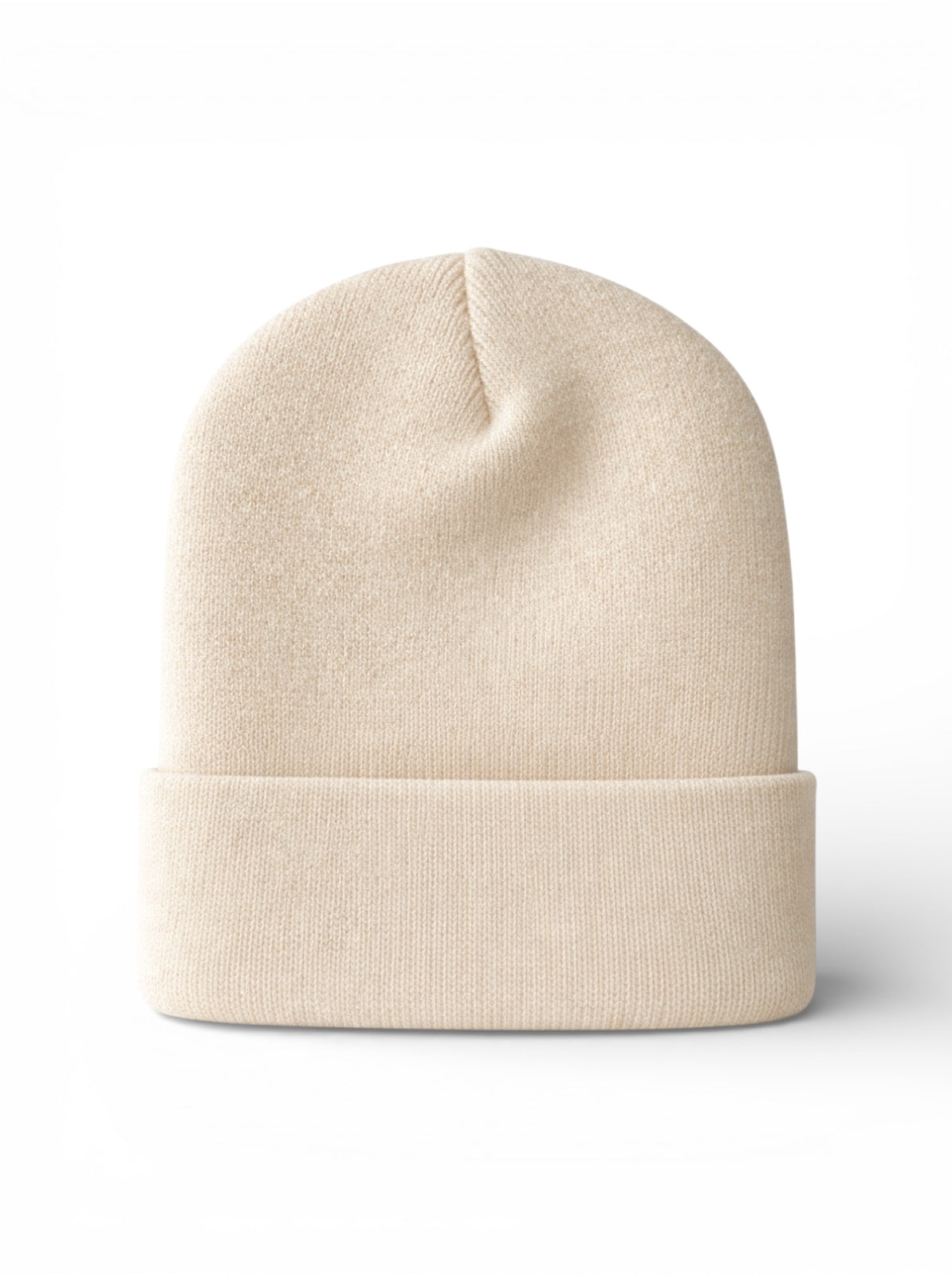 Beige knit beanie hat displayed upright against a white background, featuring a folded cuff.
