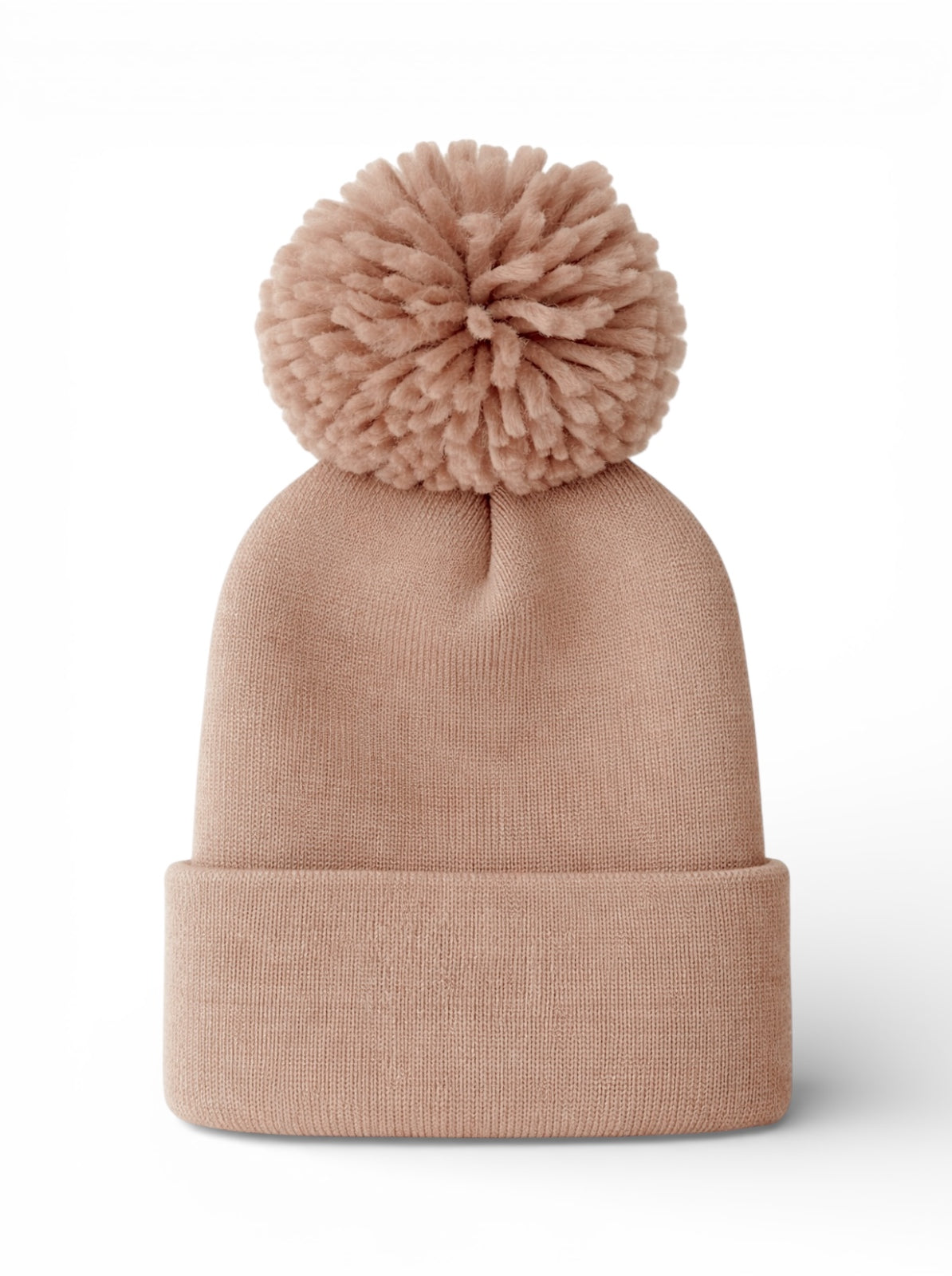 Light pink knit beanie with a fluffy pom-pom on top, featuring a rolled cuff at the bottom.