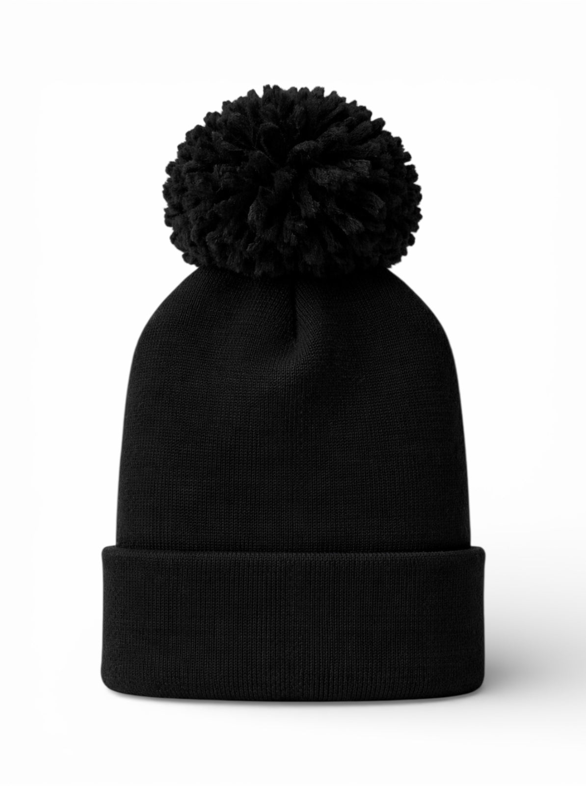 Black knit beanie with a large pom-pom on top, featuring a rolled cuff.