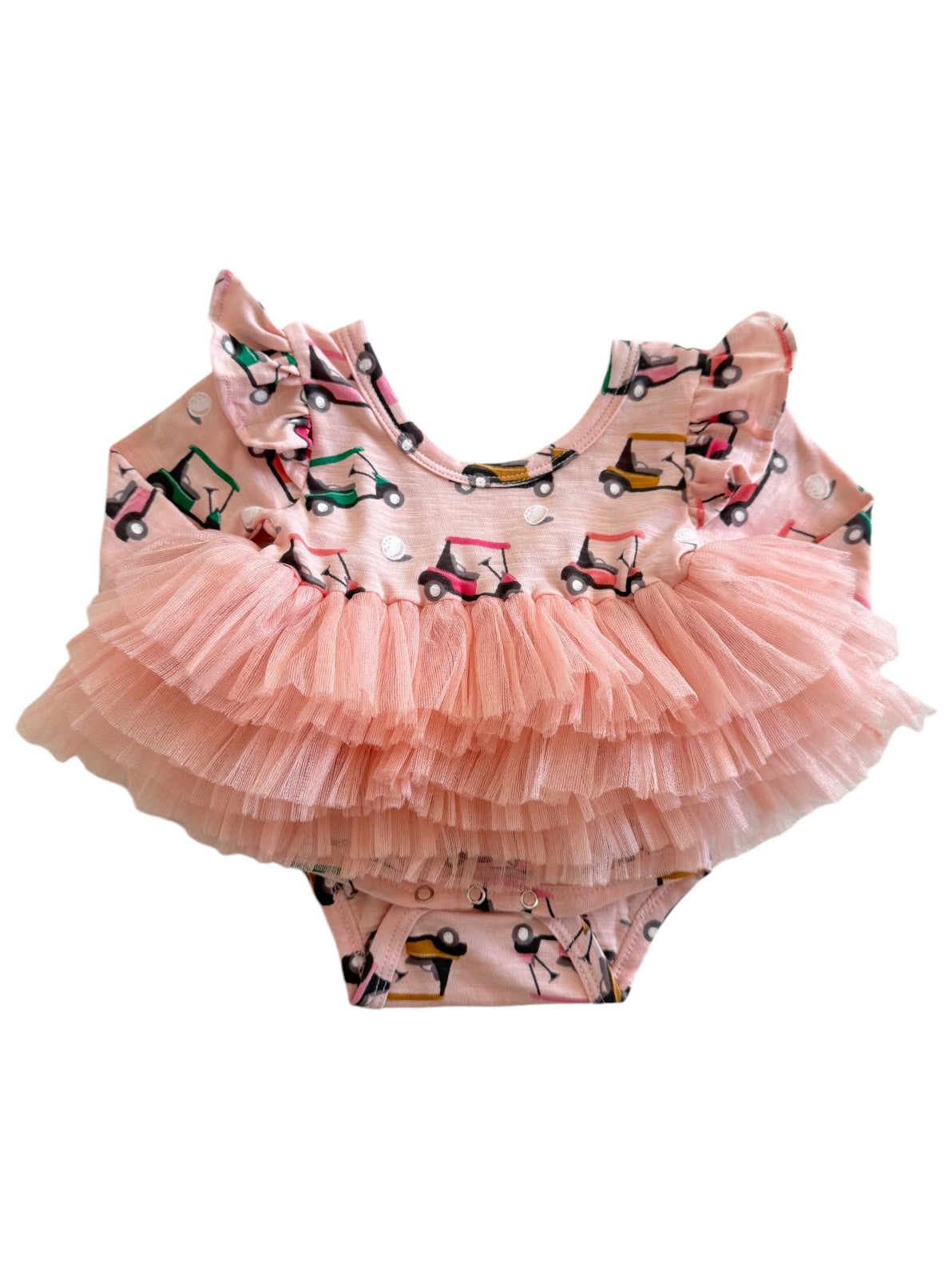 Pink ruffled swimsuit with a fun golf cart pattern, designed for toddlers.