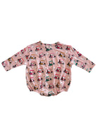 Pink long-sleeve shirt with colorful golf cart and golf ball patterns, featuring elasticized waist.