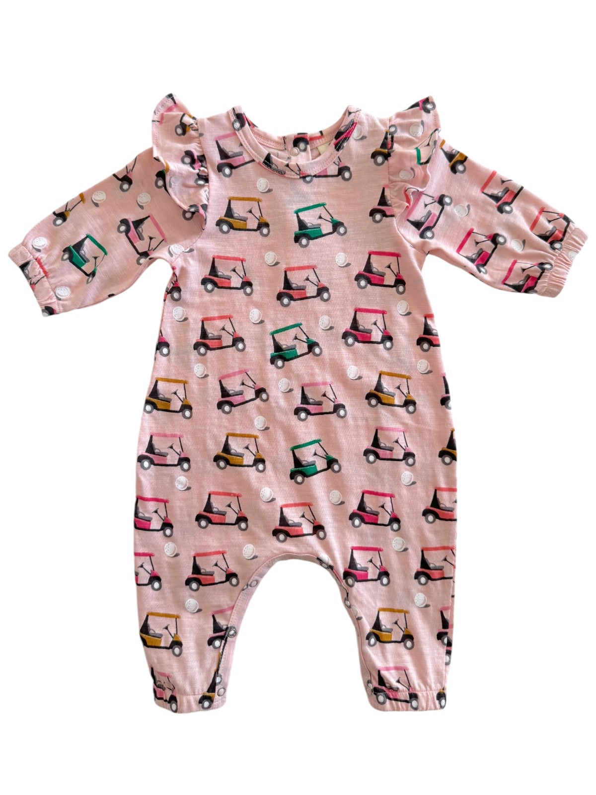 Pink baby romper with golf cart patterns and ruffled sleeves. Suitable for infants and toddlers.