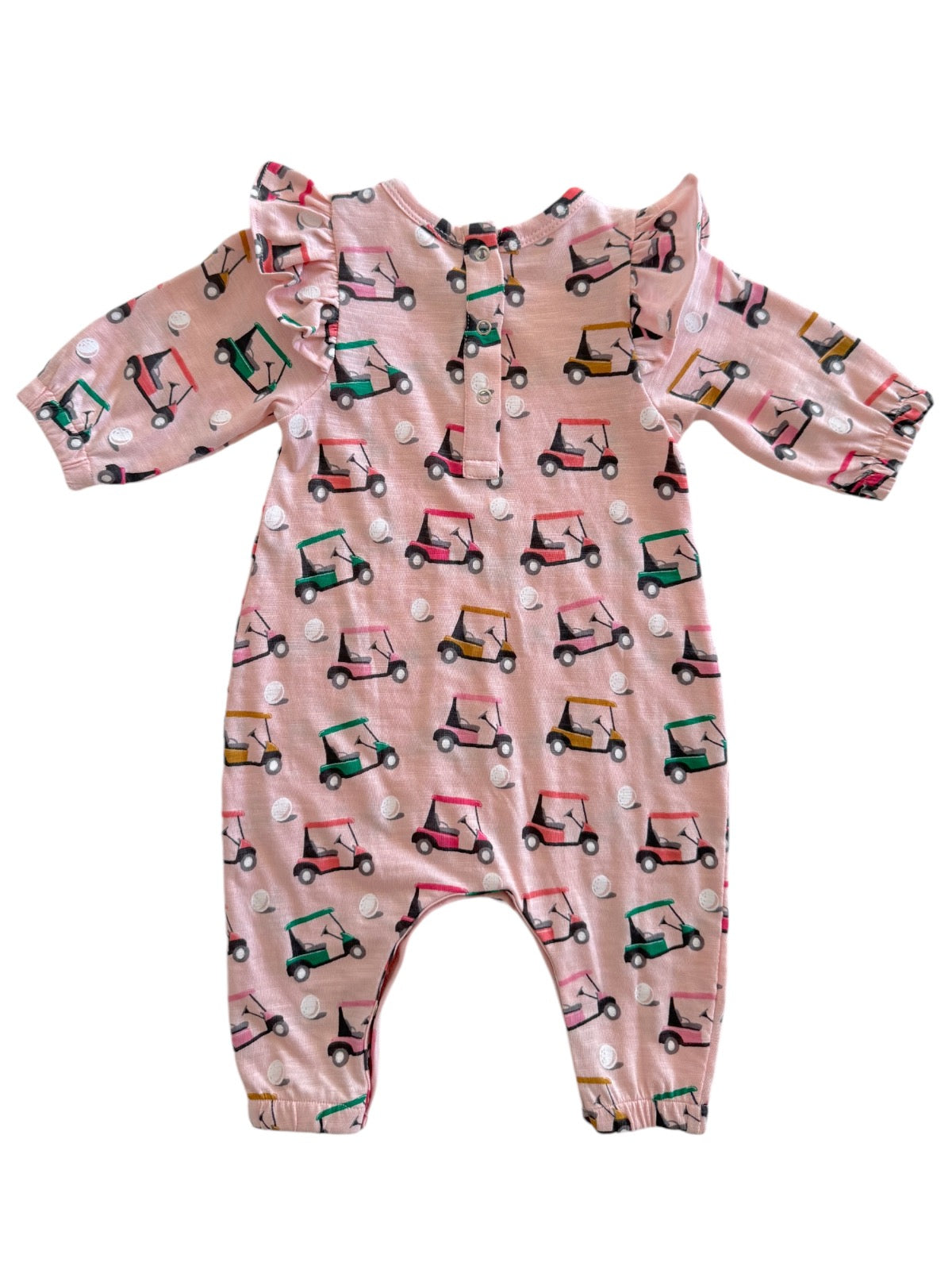 Pink infant onesie with ruffle sleeves and a golf cart print, featuring snaps along the front for easy dressing.