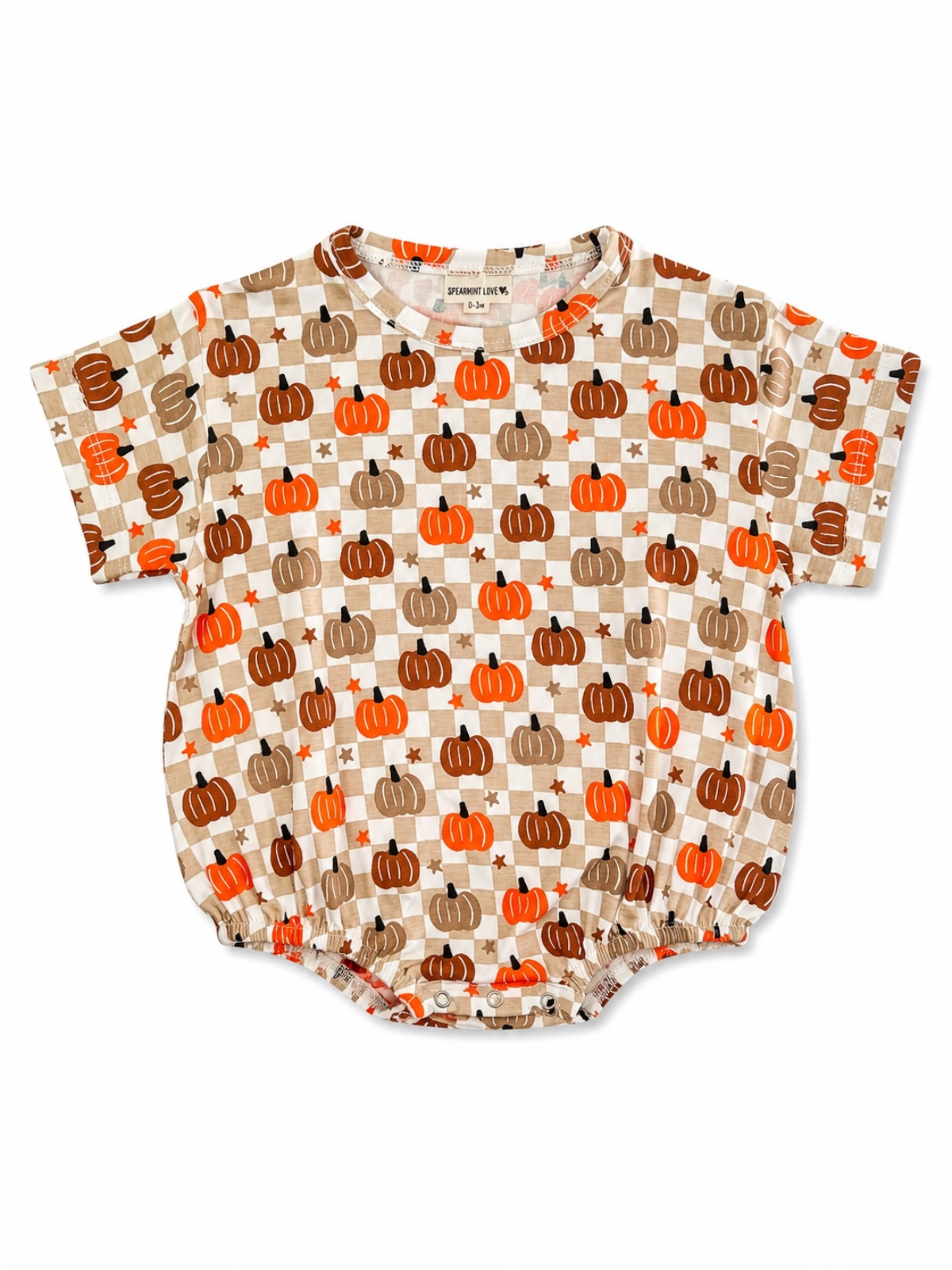 Colorful pumpkin-patterned baby romper with elastic trim and short sleeves. Ideal for fall-themed outfits.