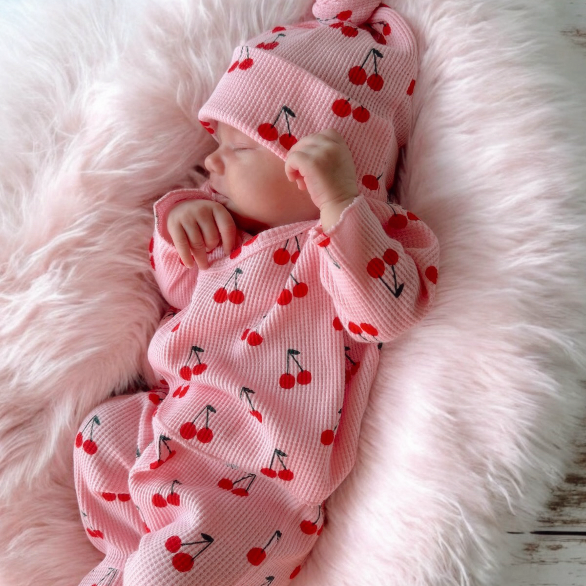 Organic Waffle Kimono & Pant Set, Pink Cherries – SpearmintLOVE Organic Waffle Kimono & Pant Set, Pink Cherries – SpearmintLOVE