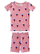 Pink kids' short pajamas with colorful ice cream cone print, featuring blue, red, and white accents.