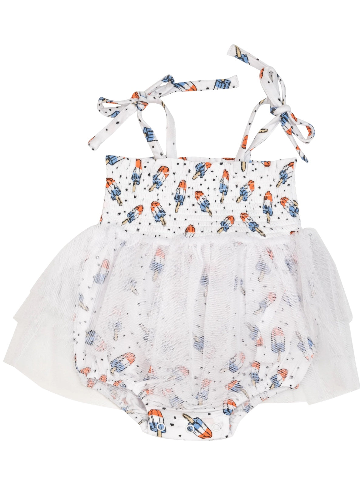White baby romper with rocket print, tulle skirt, and tied straps, perfect for summer outfits.