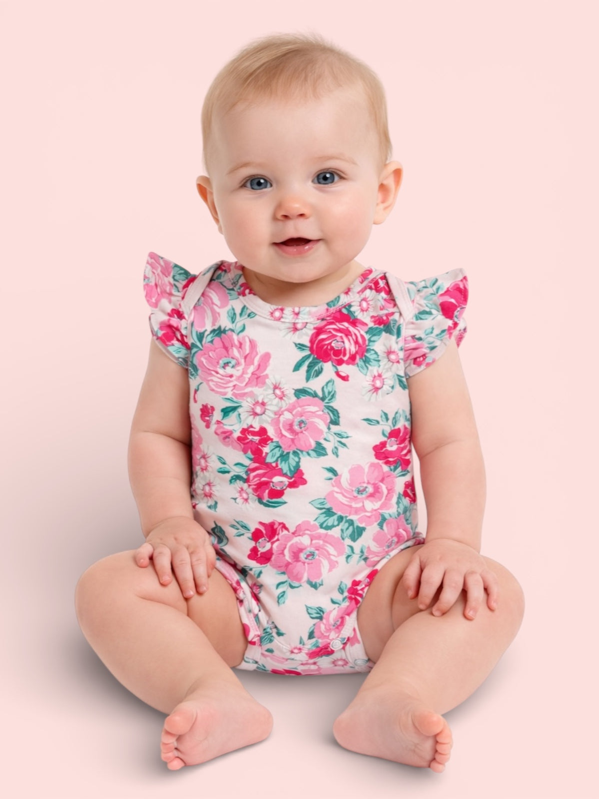 Smiling baby in a floral onesie sitting against a soft pink background.