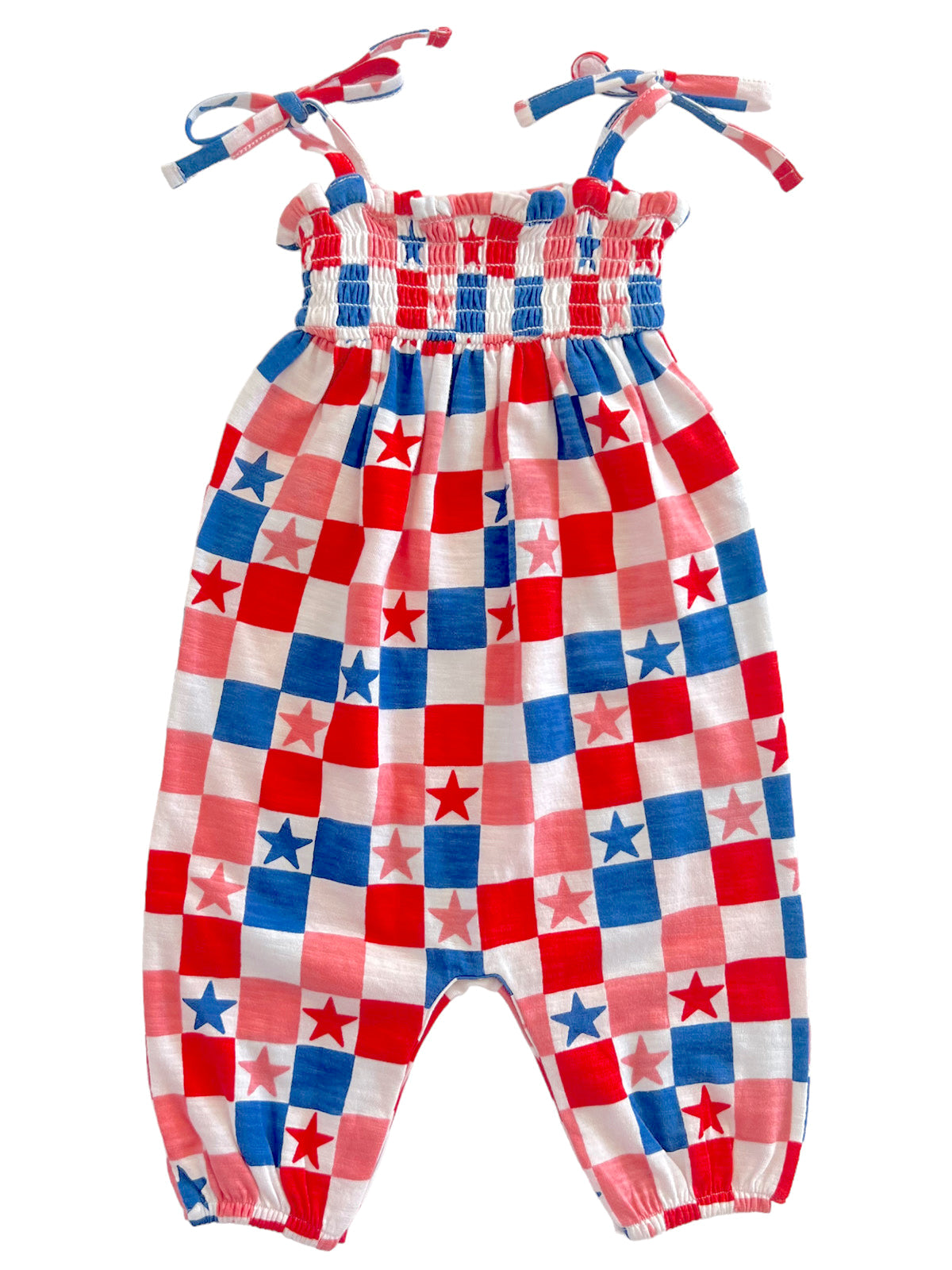 Red, white, and blue checkered romper with stars, featuring adjustable straps and gathered waist.