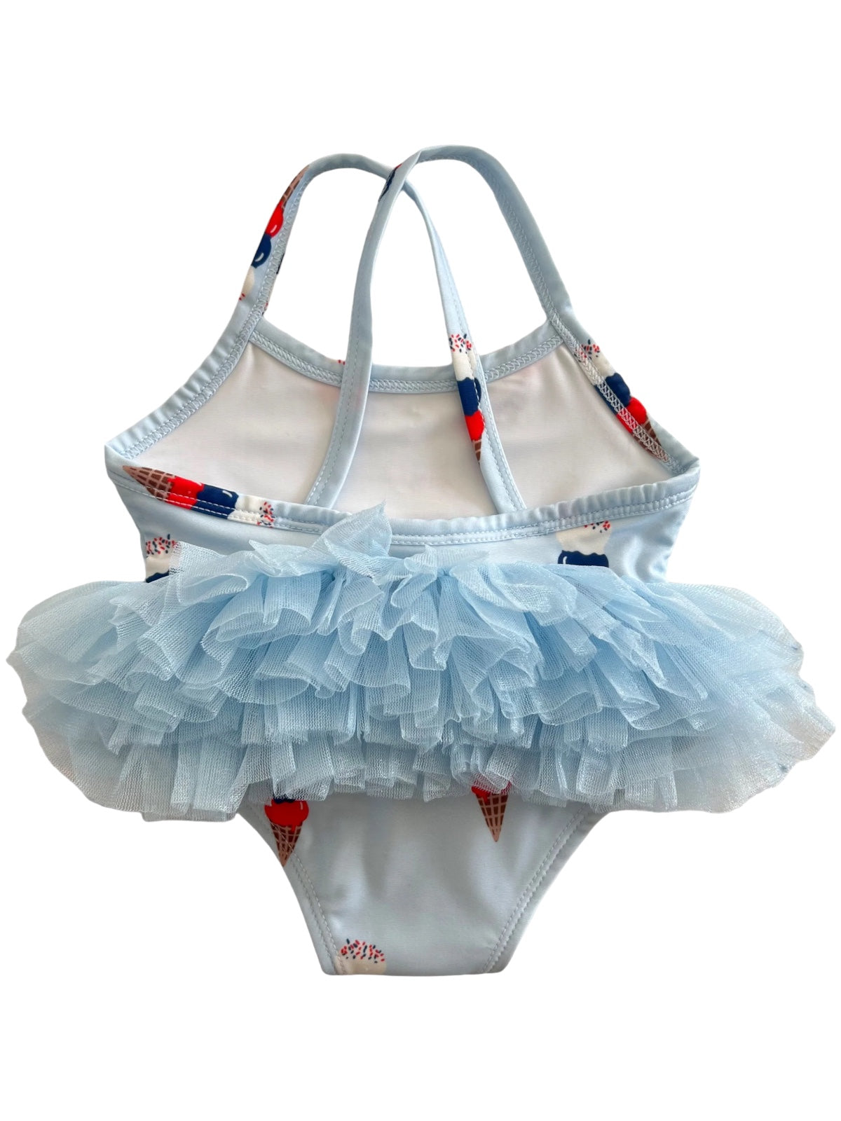 Light blue toddler swimsuit with tulle ruffle and ice cream cone prints. Adjustable straps for a comfortable fit.