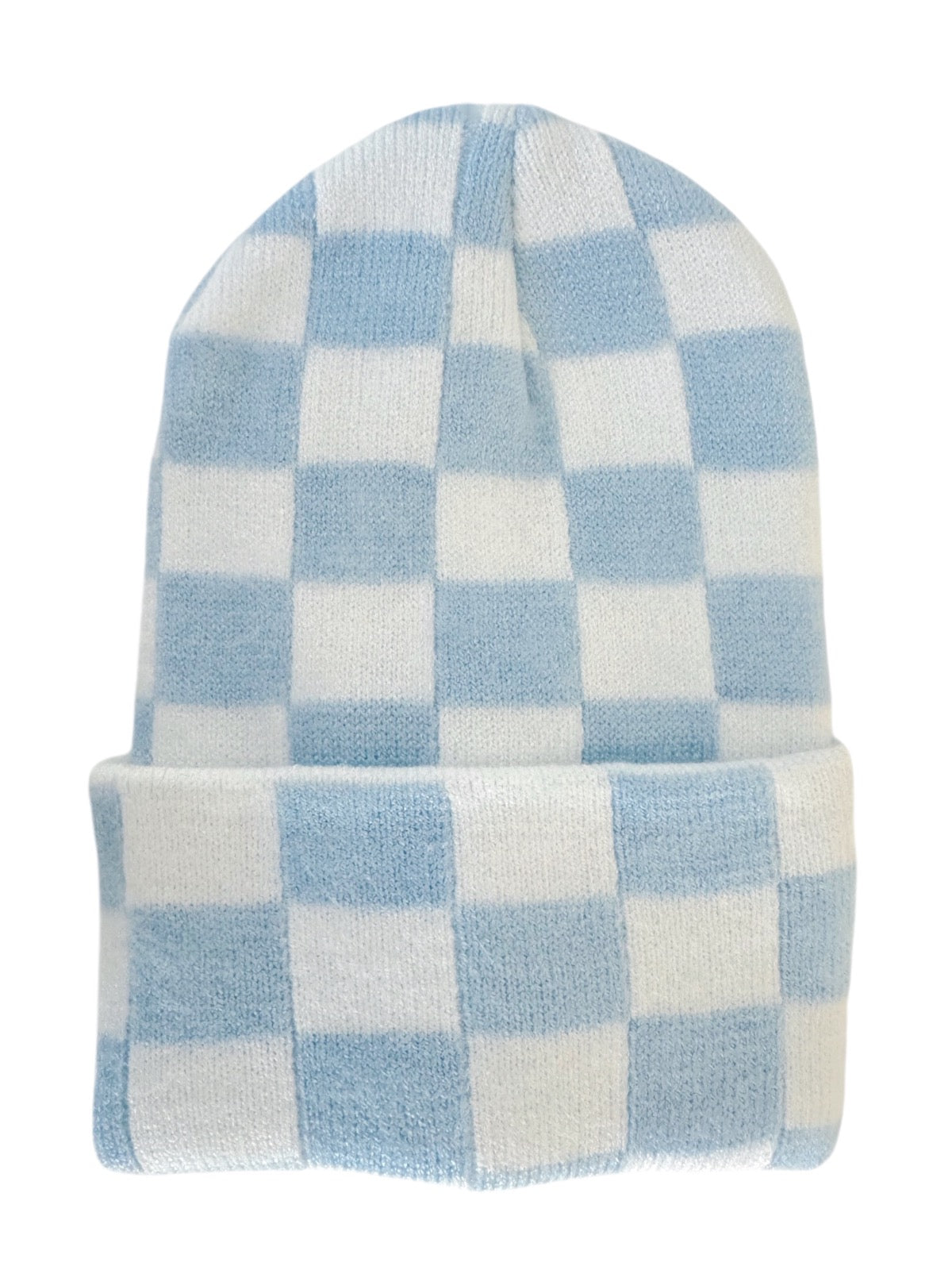 Light blue and white checkered knit beanie hat on a white background.