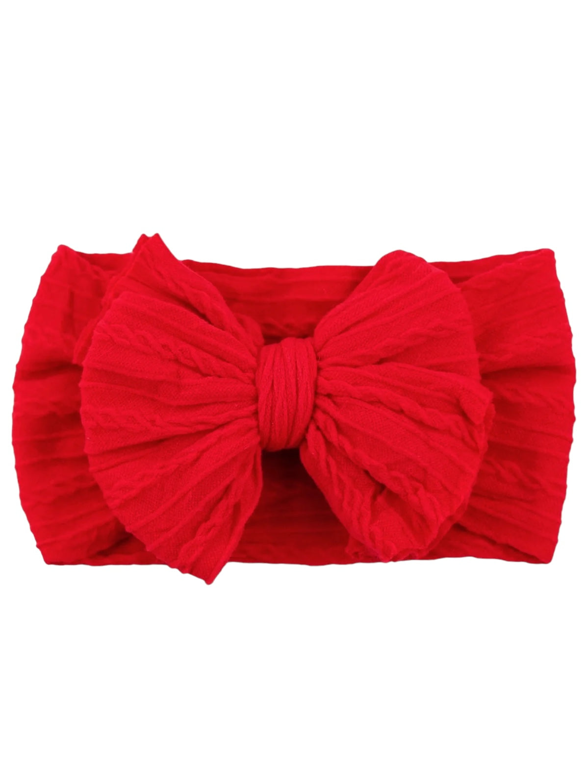 Red fabric headband featuring a large, textured bow in the center. Ideal for stylish hair accessories.