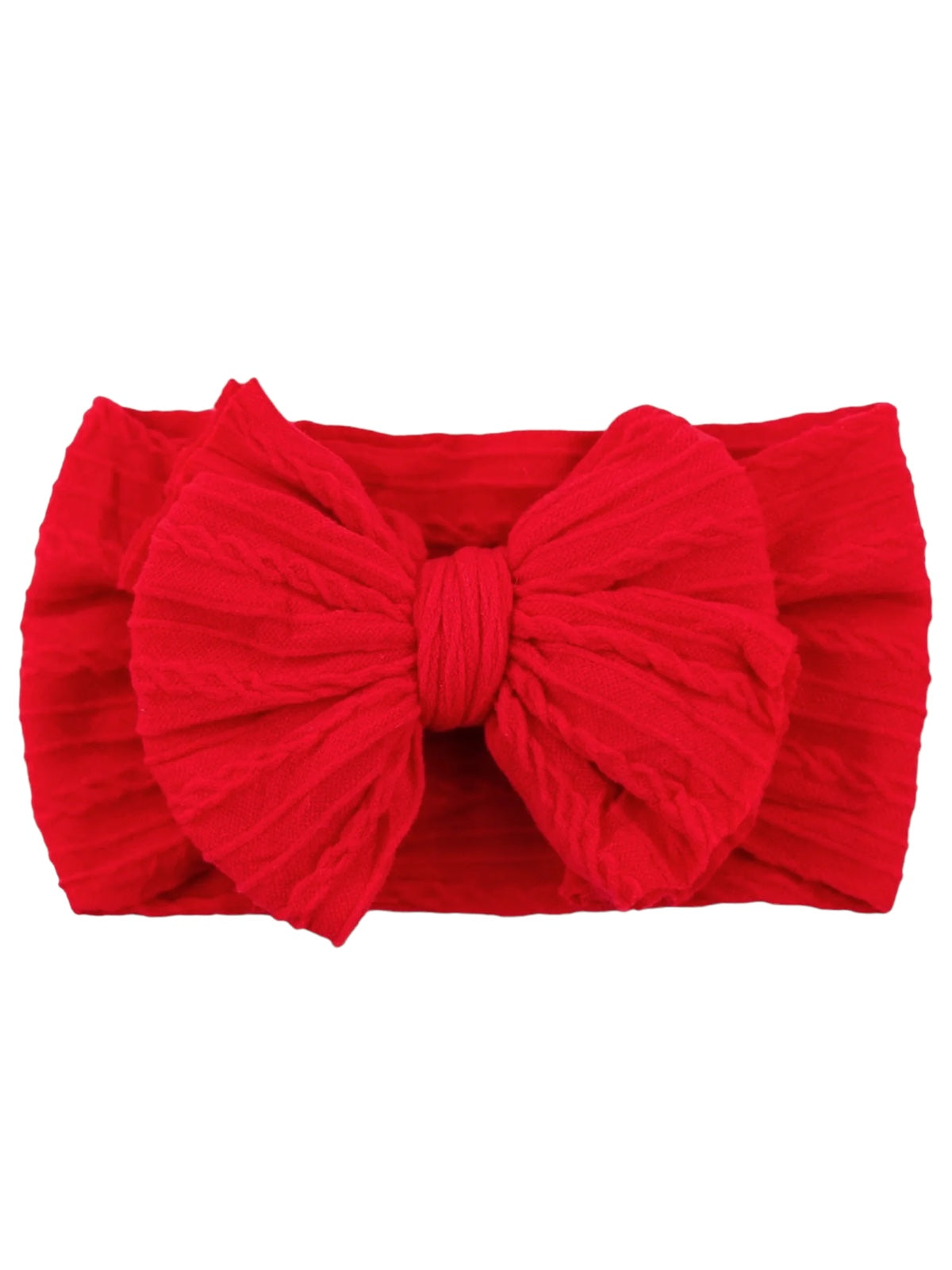 Red fabric headband featuring a large, textured bow in the center. Ideal for stylish hair accessories.