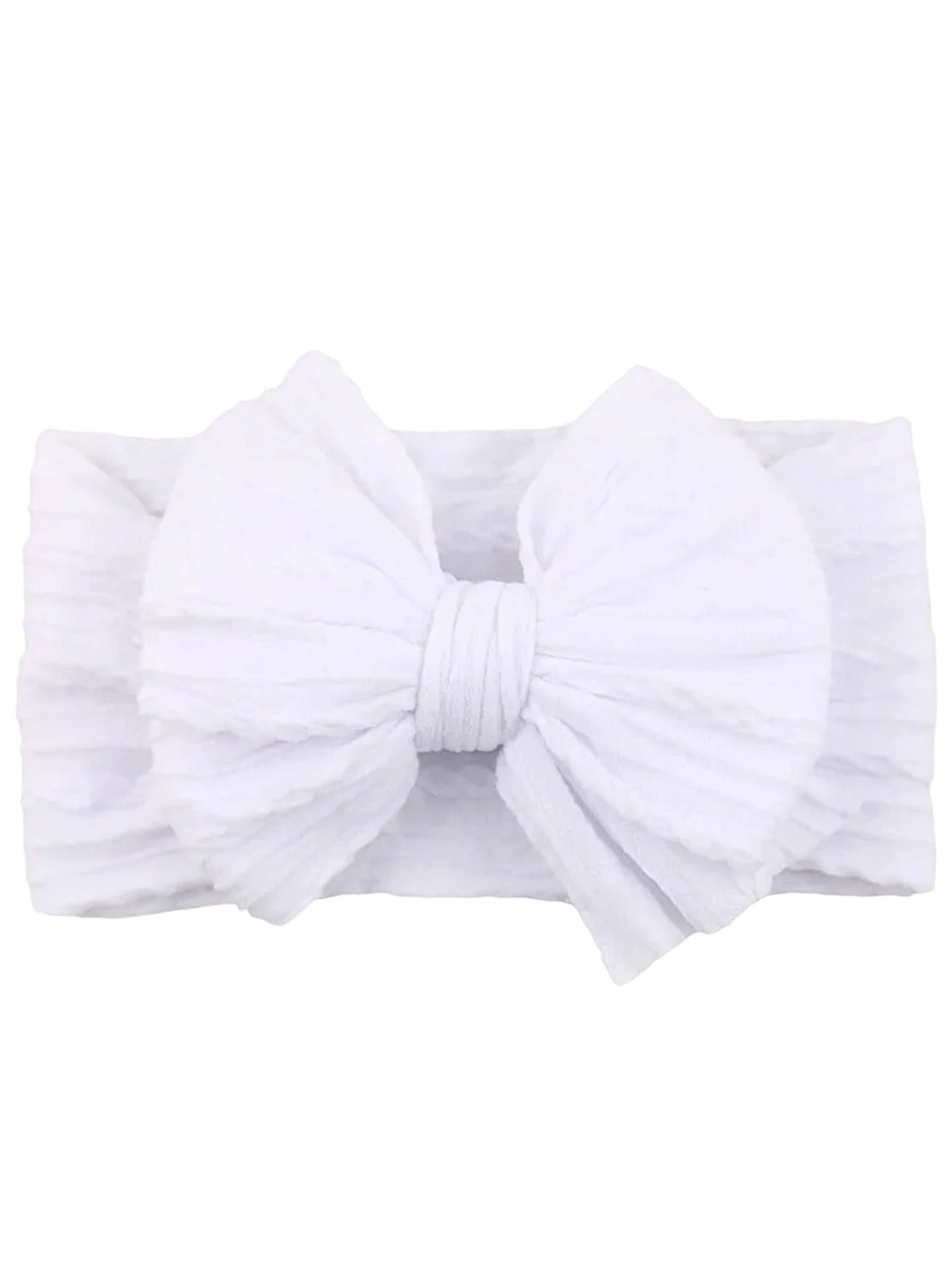 White headband with a large bow, featuring soft textured fabric and a stretchy band.