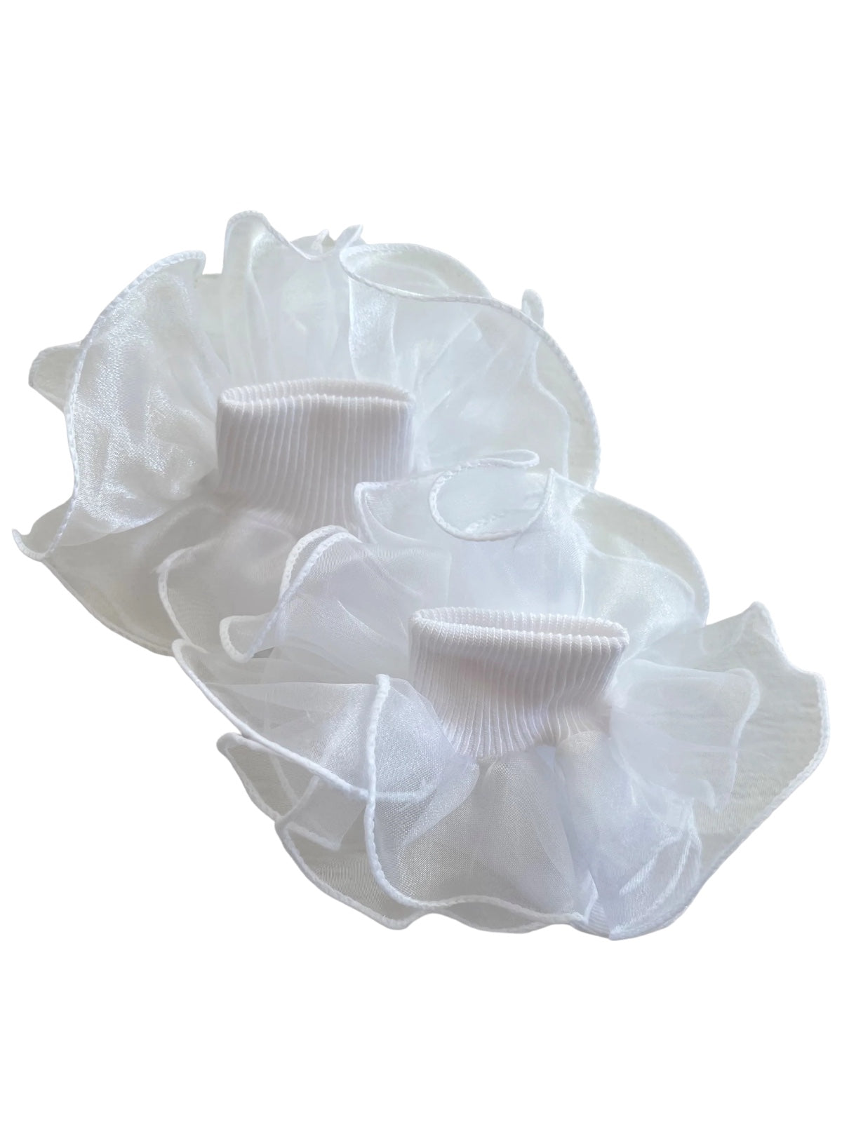 White ruffled hair scrunchies, featuring sheer fabric and an elastic band for a stylish hold.