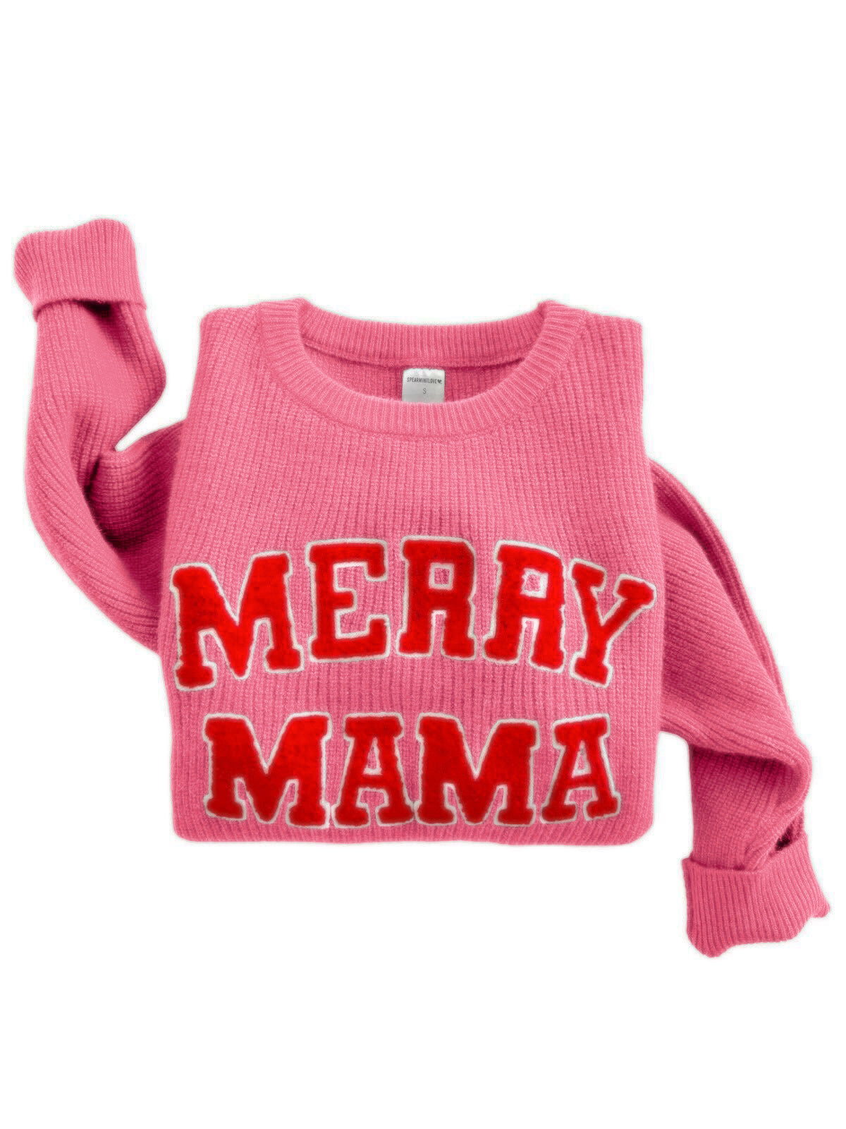 Pink sweater with the text "MERRY MAMA" in bold red letters. Cozy and festive for holiday wear.