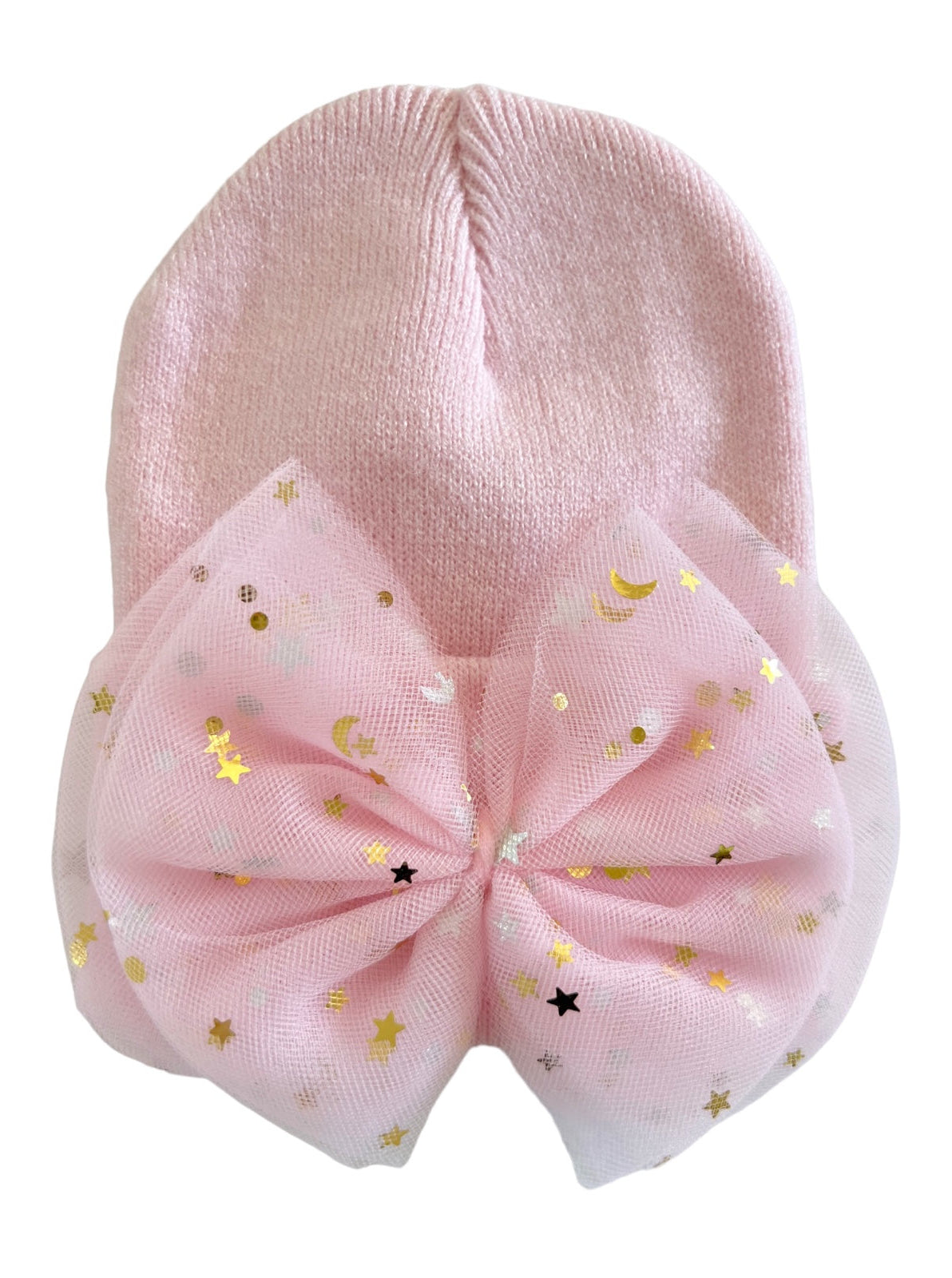 Pink knit baby hat adorned with a large bow featuring gold star and moon patterns.