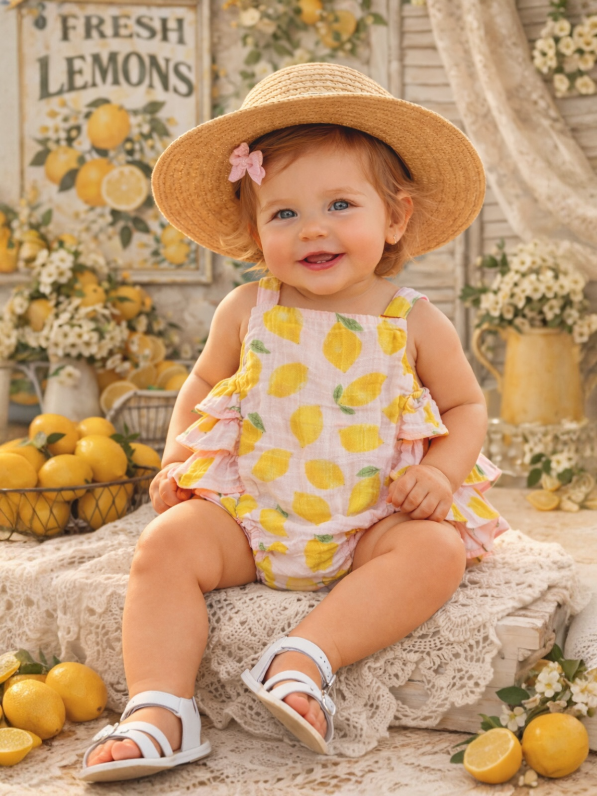 Smiling baby in a lemon-patterned outfit sits on a textured blanket surrounded by lemons and flowers.