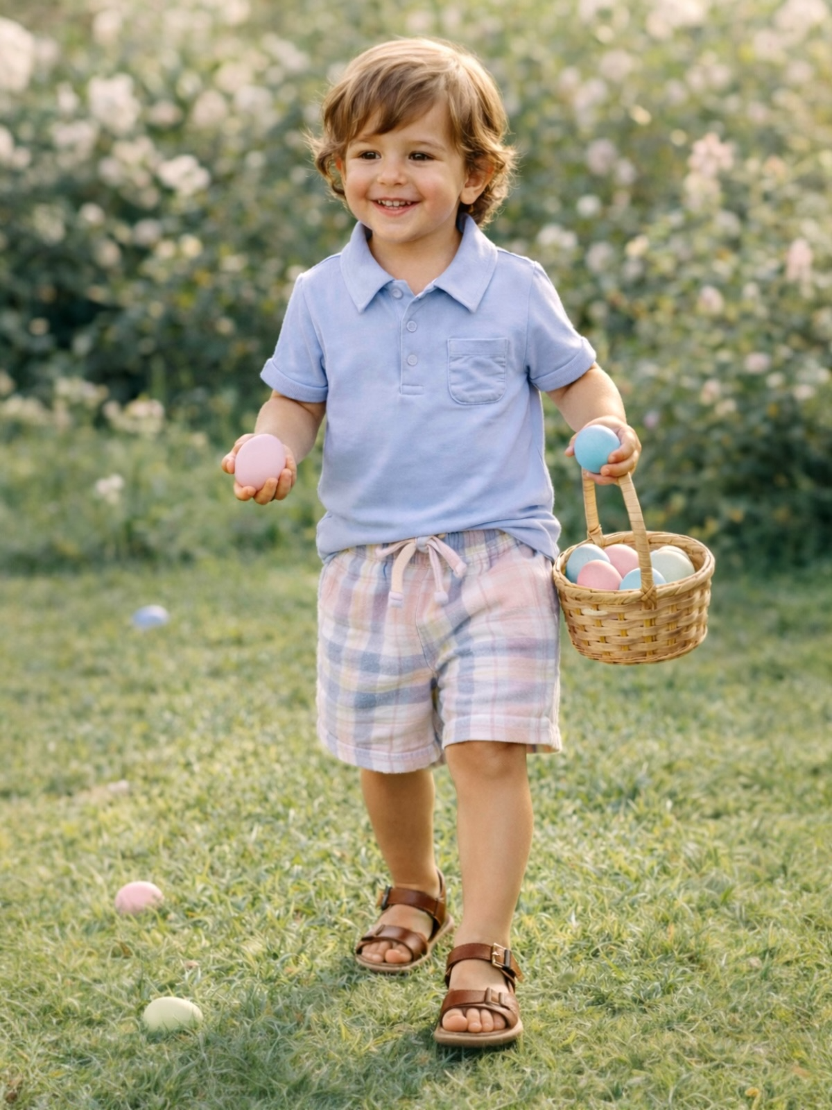 Smiling boy in a blue shirt and plaid shorts holding Easter eggs and a basket in a field.