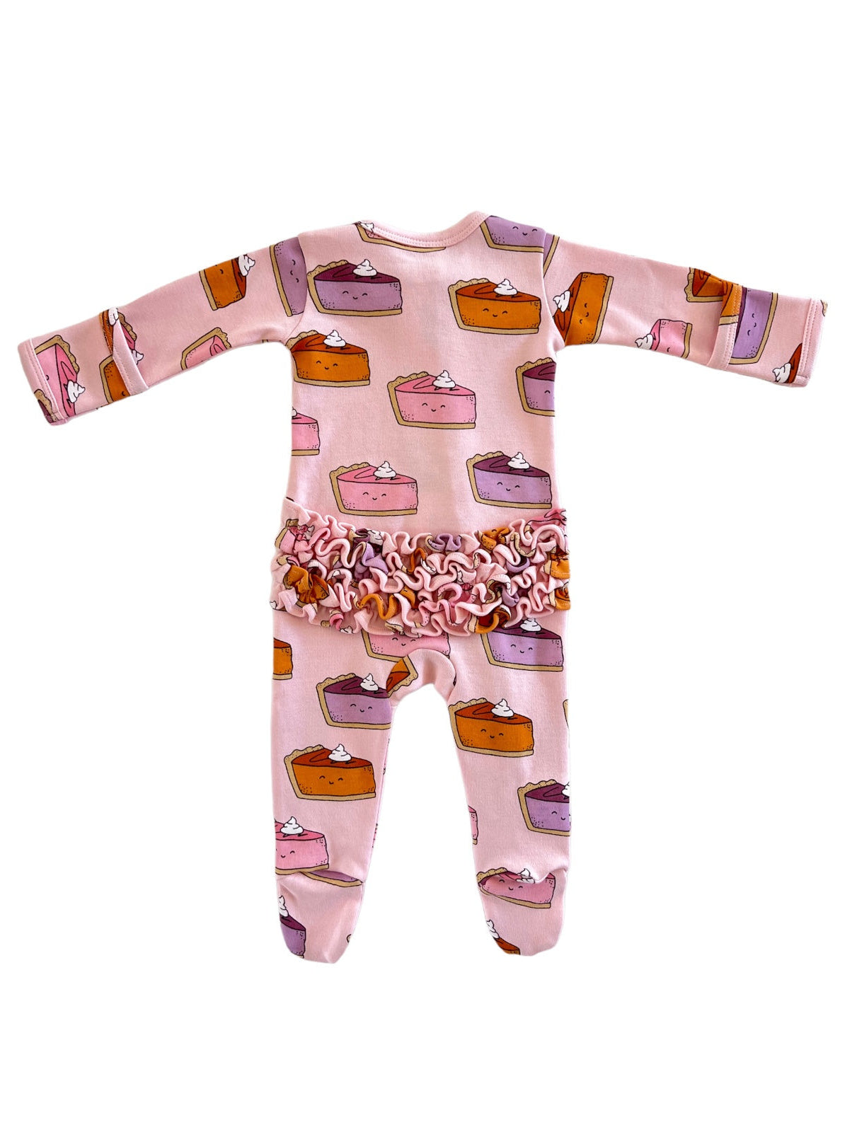 Pink pajama set with colorful cake print and ruffled waist, suitable for children.