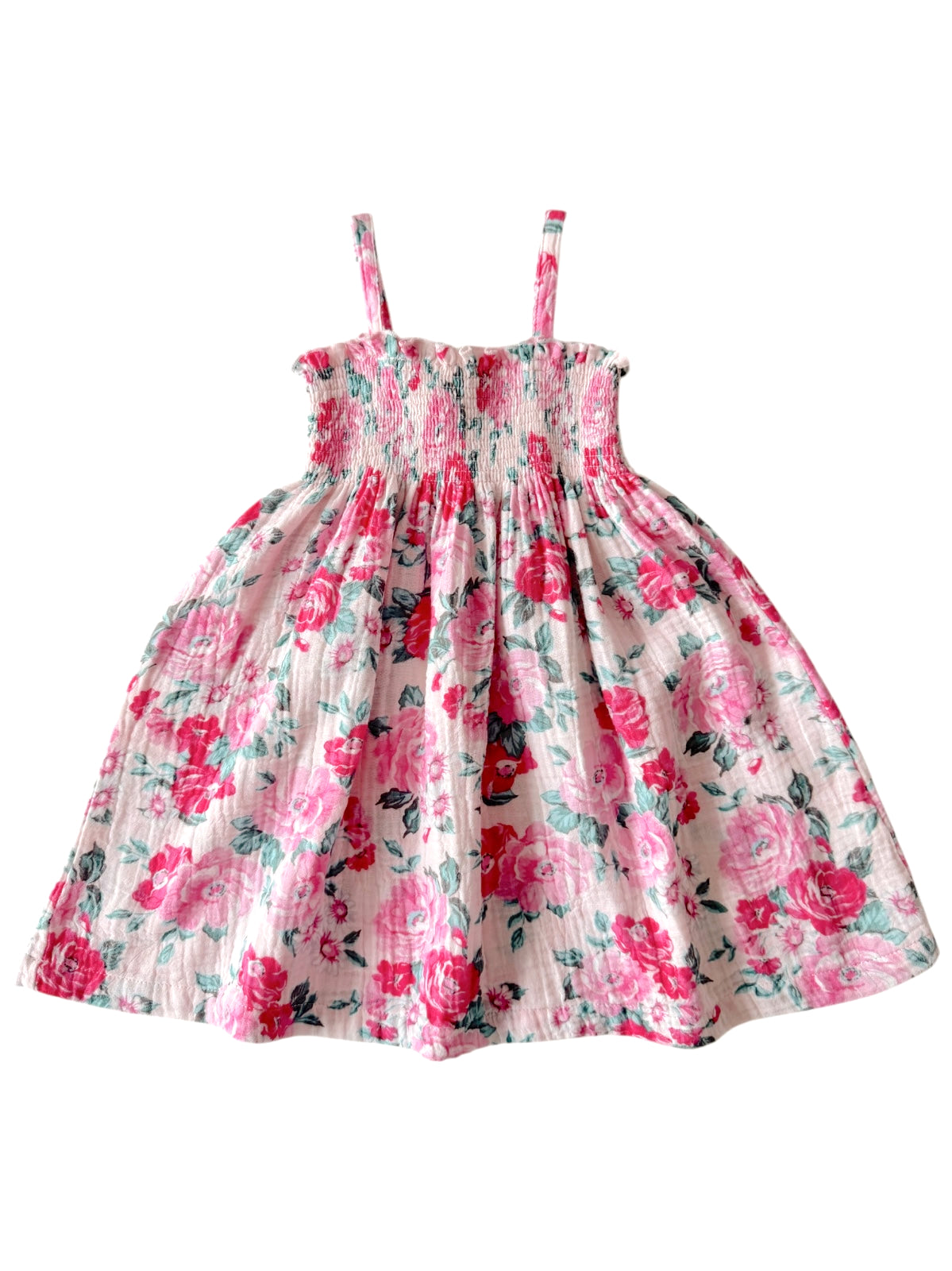 Floral dress with pink and red roses on a light background, featuring thin straps and a flared skirt.