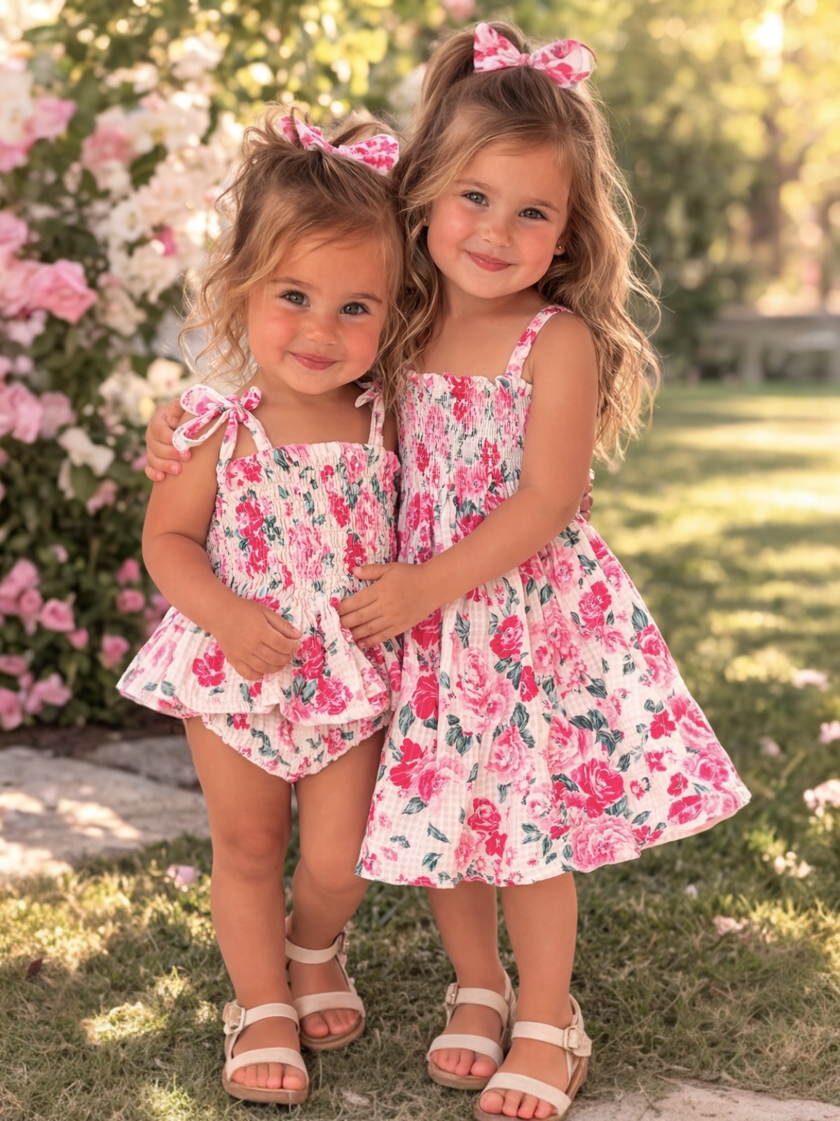 Two young girls in floral dresses stand outdoors, smiling amidst blooming flowers in a sunny garden.