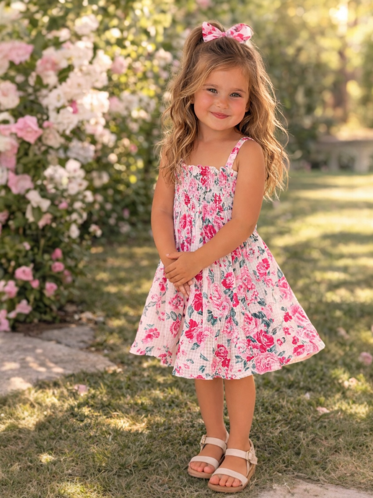 Smiling girl in a floral dress stands in a garden, surrounded by blooming pink roses.