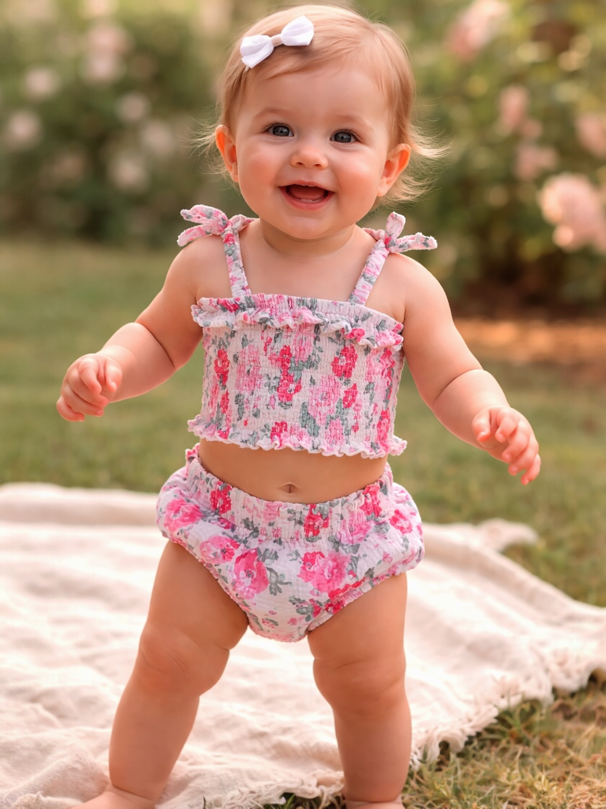 Smiling baby girl in floral outfit playing on grass, surrounded by flowers, exuding joy and innocence.