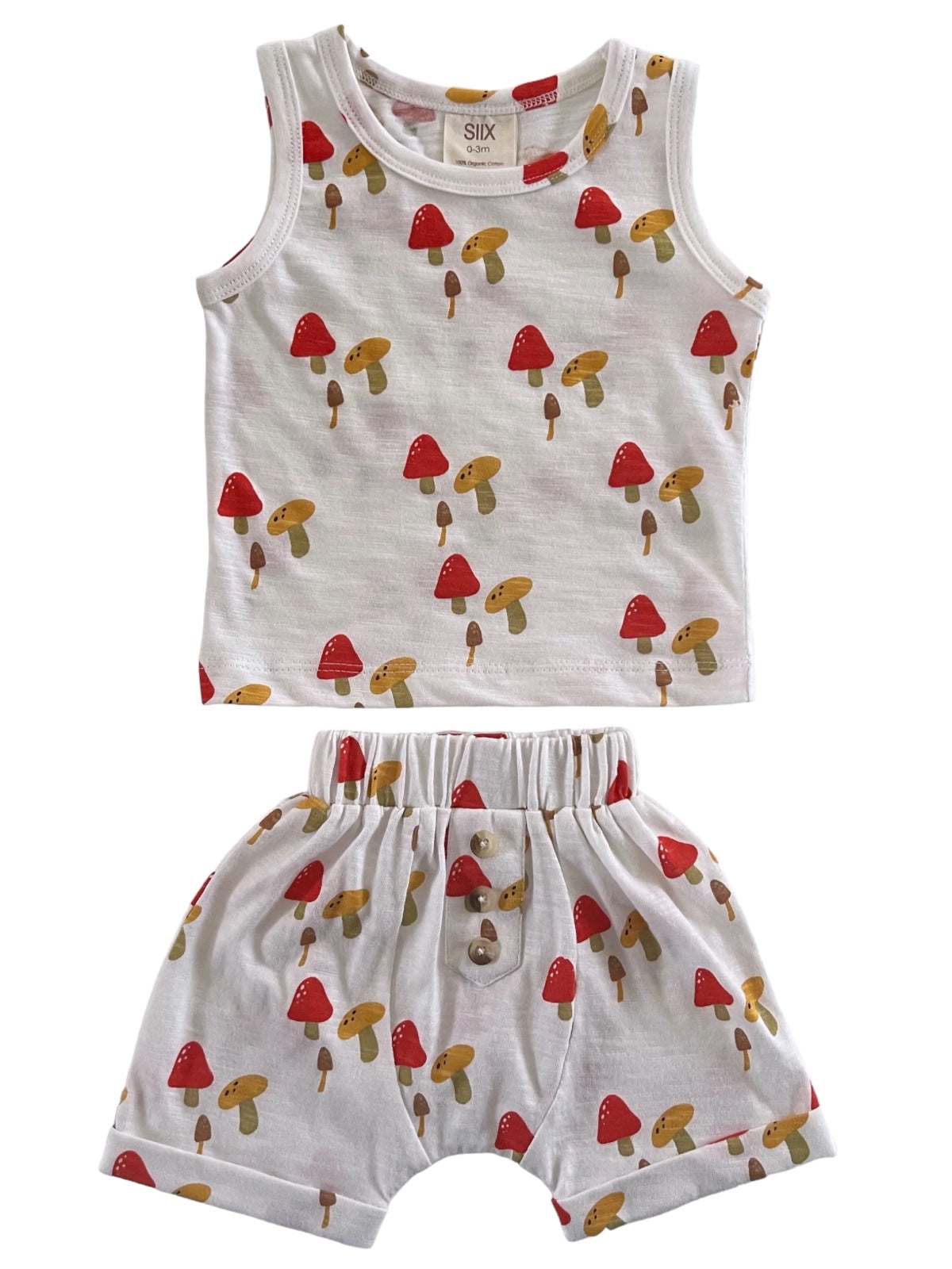 Children's tank top and shorts set with a colorful mushroom print on a white background. Perfect for warm weather.