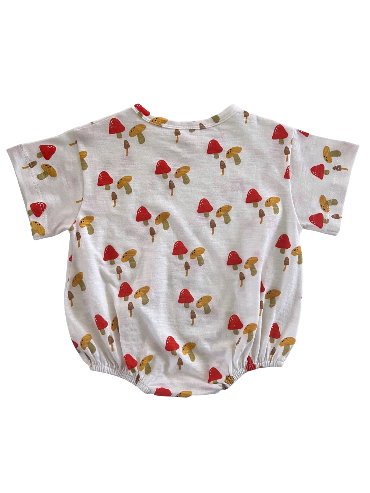 White baby shirt with short sleeves and a colorful mushroom print, featuring red and brown mushroom designs.