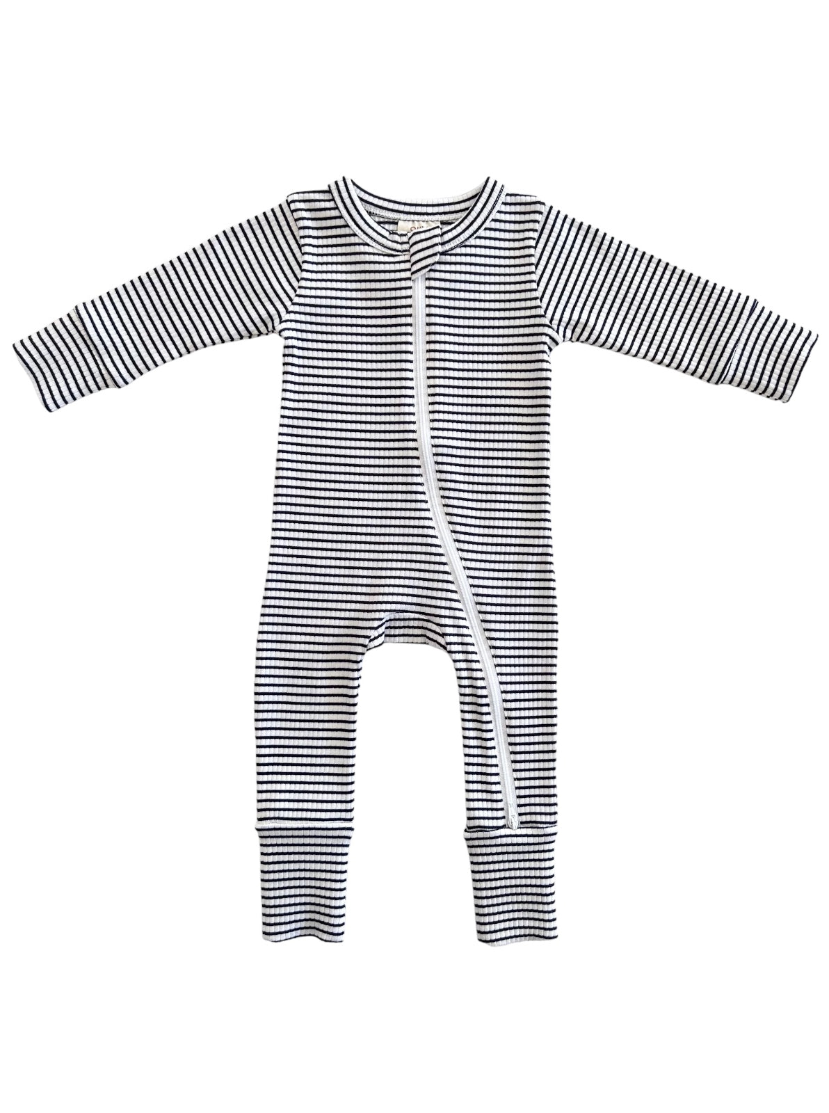Black and white striped baby jumpsuit with long sleeves and a front zipper.