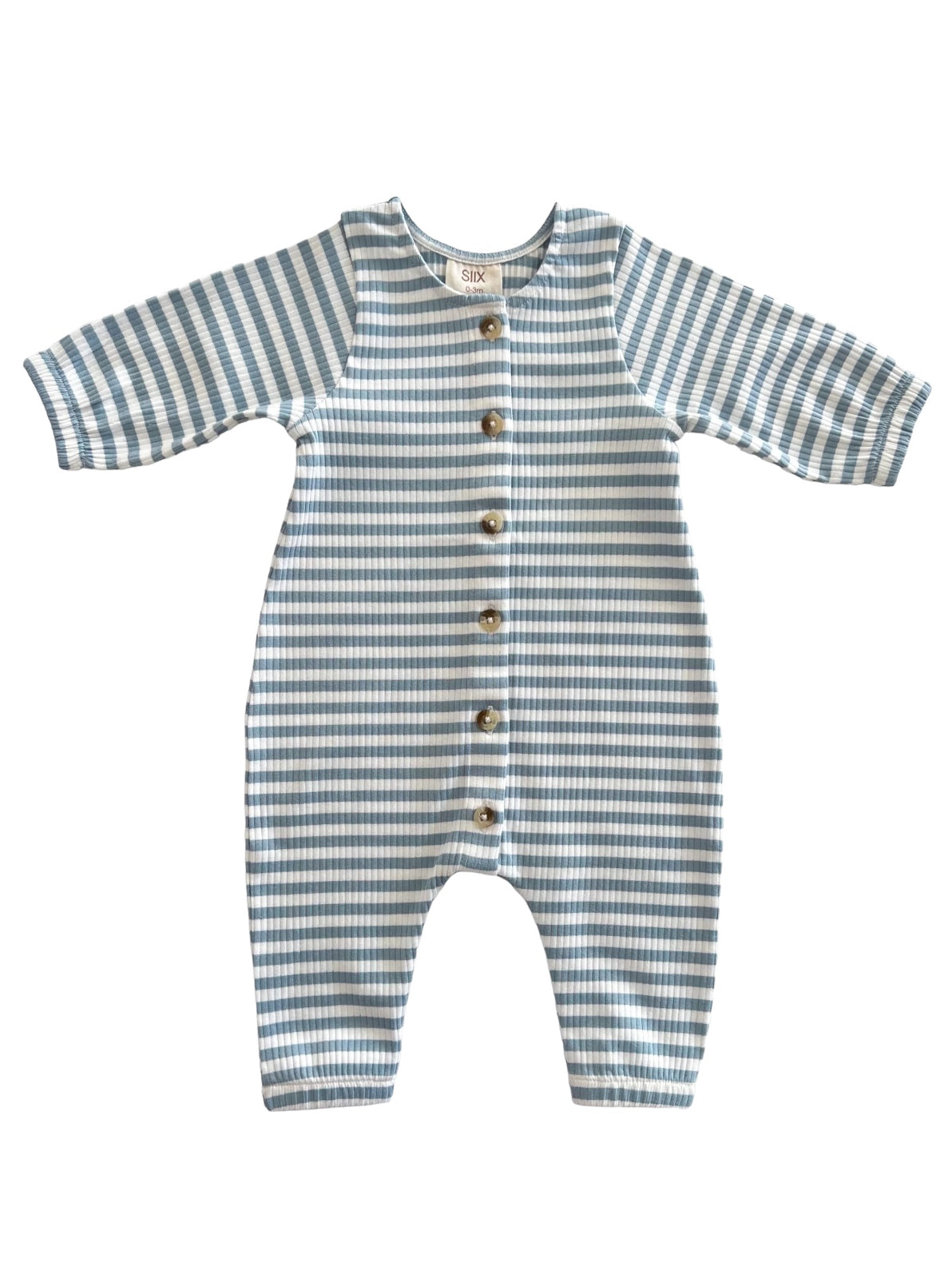 Blue and white striped baby onesie with long sleeves and buttons down the front.