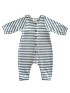 Blue and white striped baby onesie with long sleeves and buttons down the front.