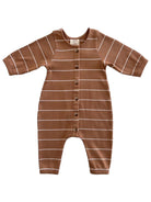 Brown striped baby romper with buttons, featuring long sleeves and a comfortable fit.