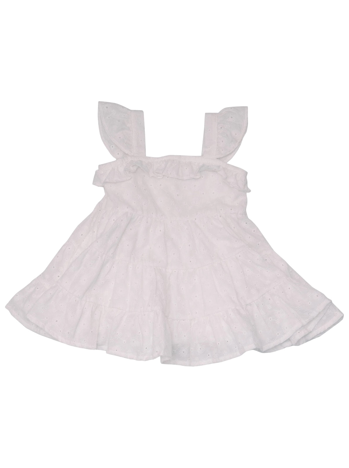 White sleeveless dress with ruffled straps and a tiered skirt, featuring eyelet detailing throughout.