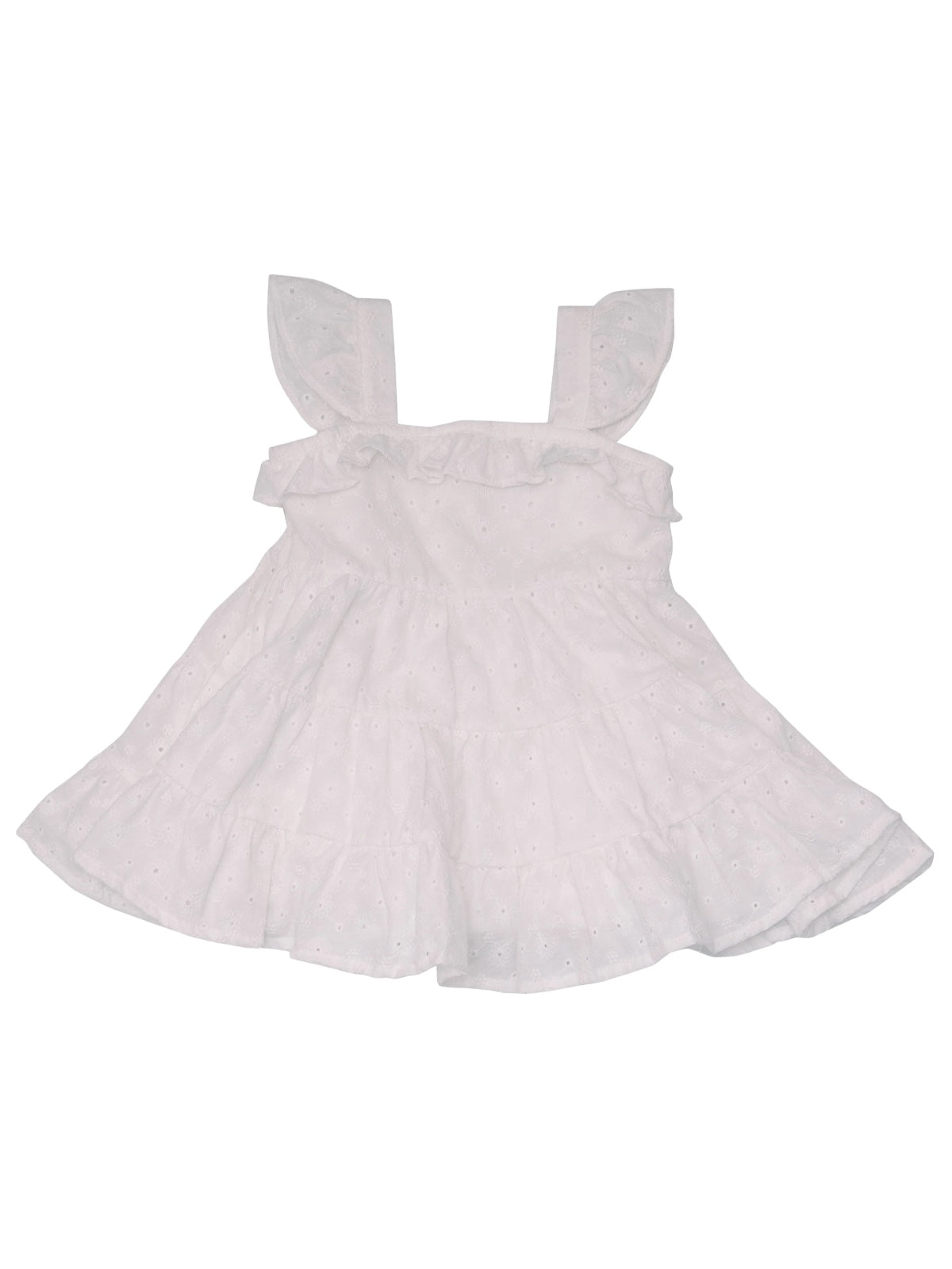 White sleeveless dress with ruffled straps and a tiered skirt, featuring eyelet detailing throughout.