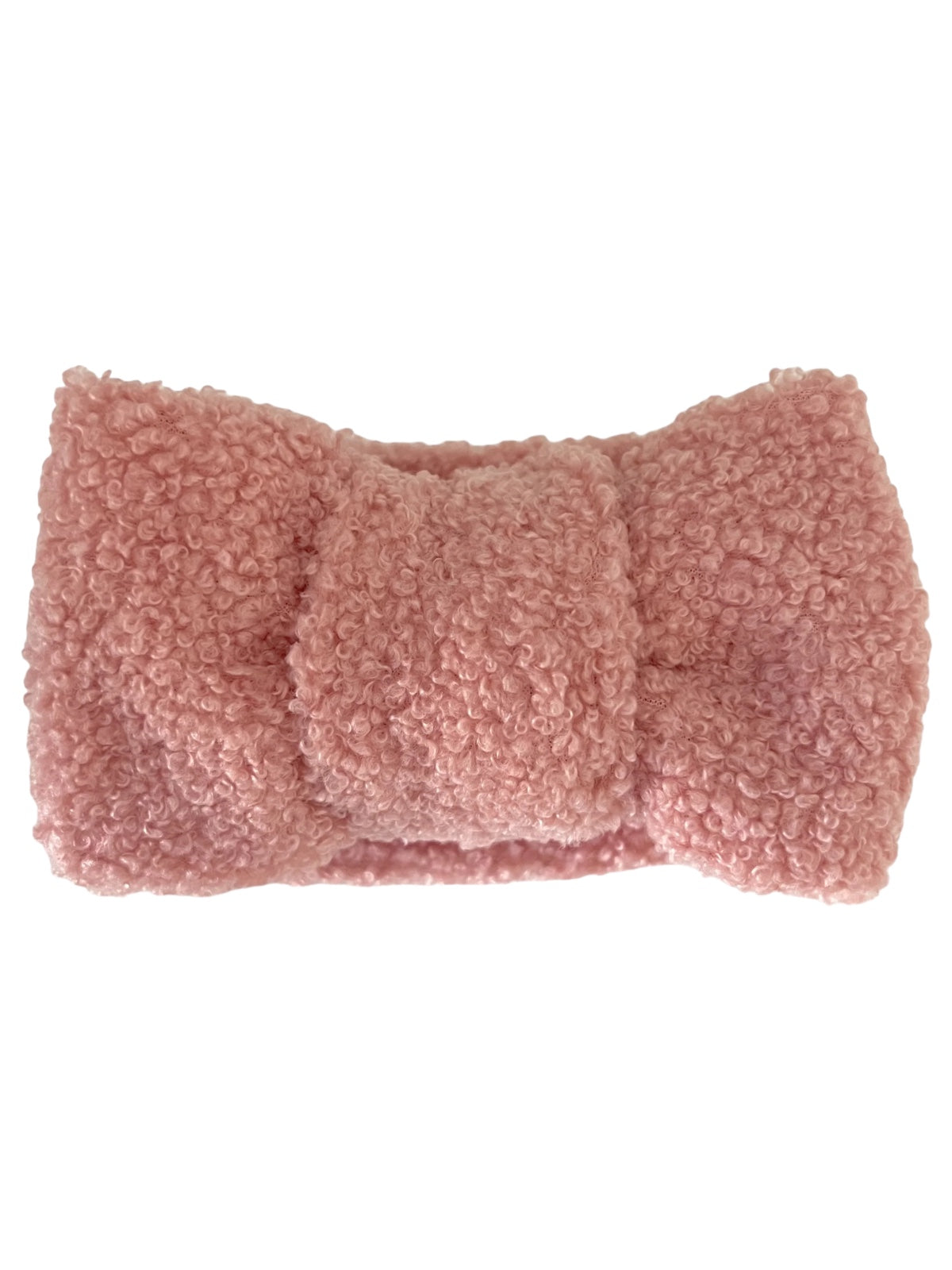 Textured pink hair bow accessory on a white background.